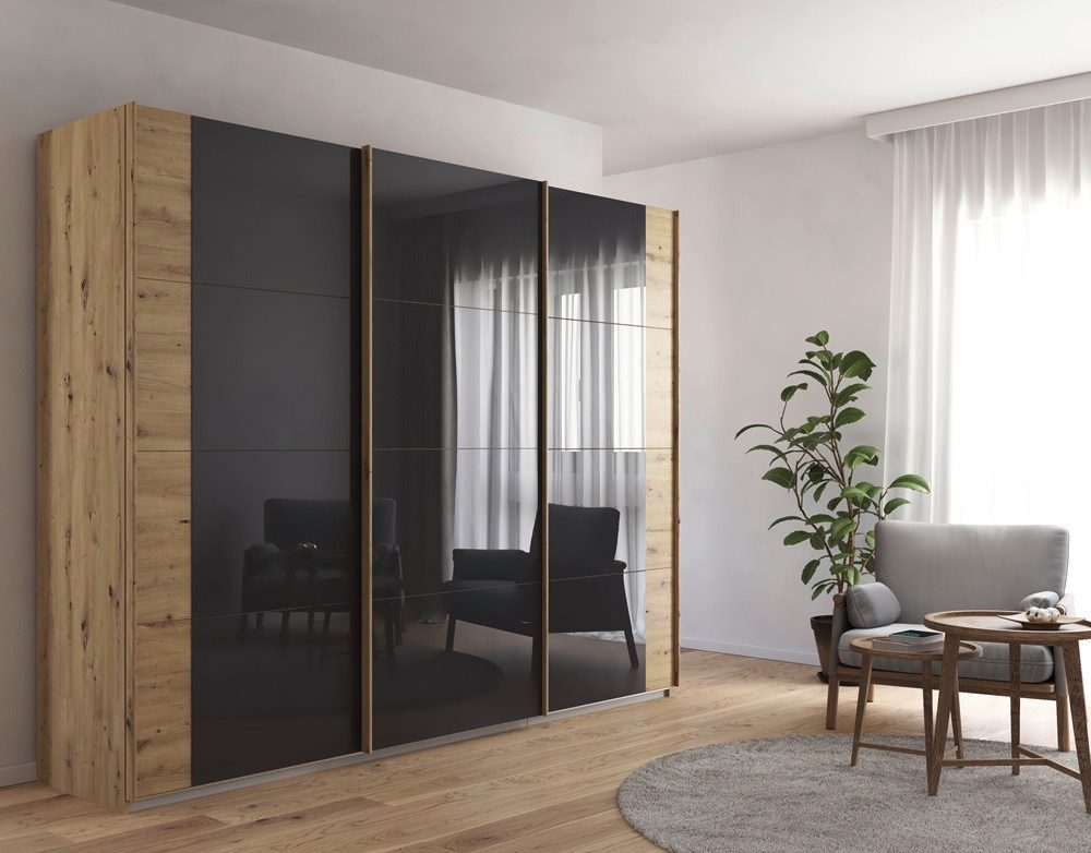 Rauch Möbel Kleiderschrank Schwebetürenschrank Artemis, mit Glastüren, Eiche Artisan, basalt grau Schwebetürenschrank, Schrank, Kleiderschrank, Breite 275 cm