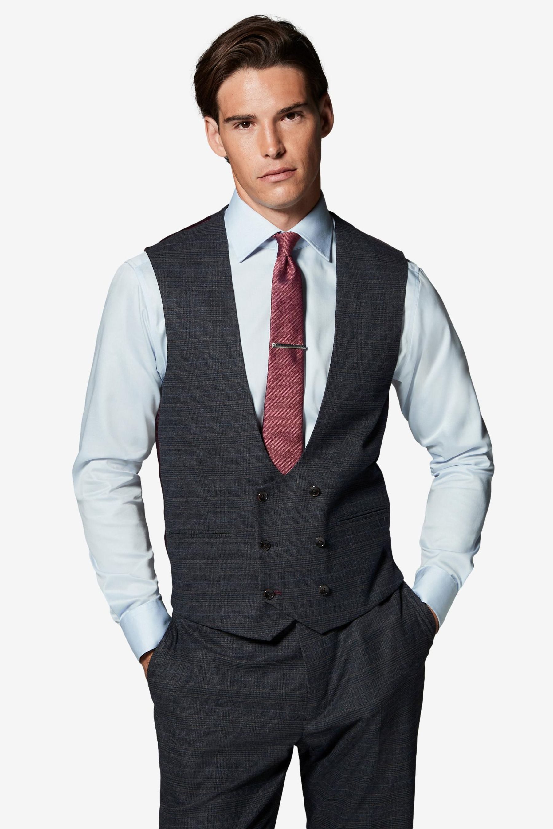 Anzugweste Skinny Fit Anzugweste mit Karomuster und Besatz