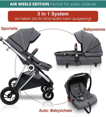 BabyGo Kombi-Kinderwagen Halime AIR 3in1, Grey Silver, mit Luftreifen, inkl. Babywanne, Babyschale, Regenhaube & Wickeltasche