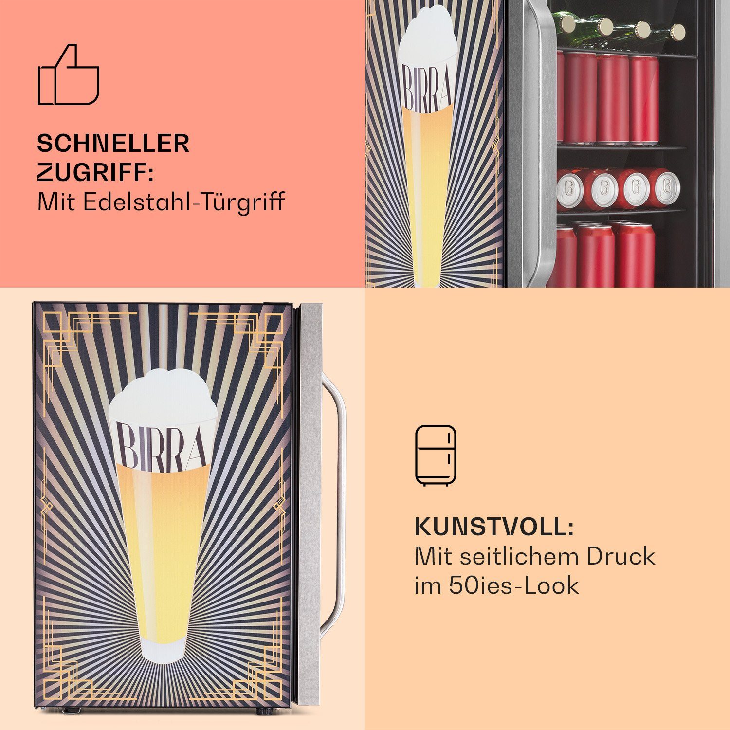 Klarstein Getränkekühlschrank HEA13-Birra -SS 43 Getränkekühlschrank Bierkühlschrank cm cm hoch, 67 breit, 10041177, Glastür Silber mit Flaschenkühlschrank