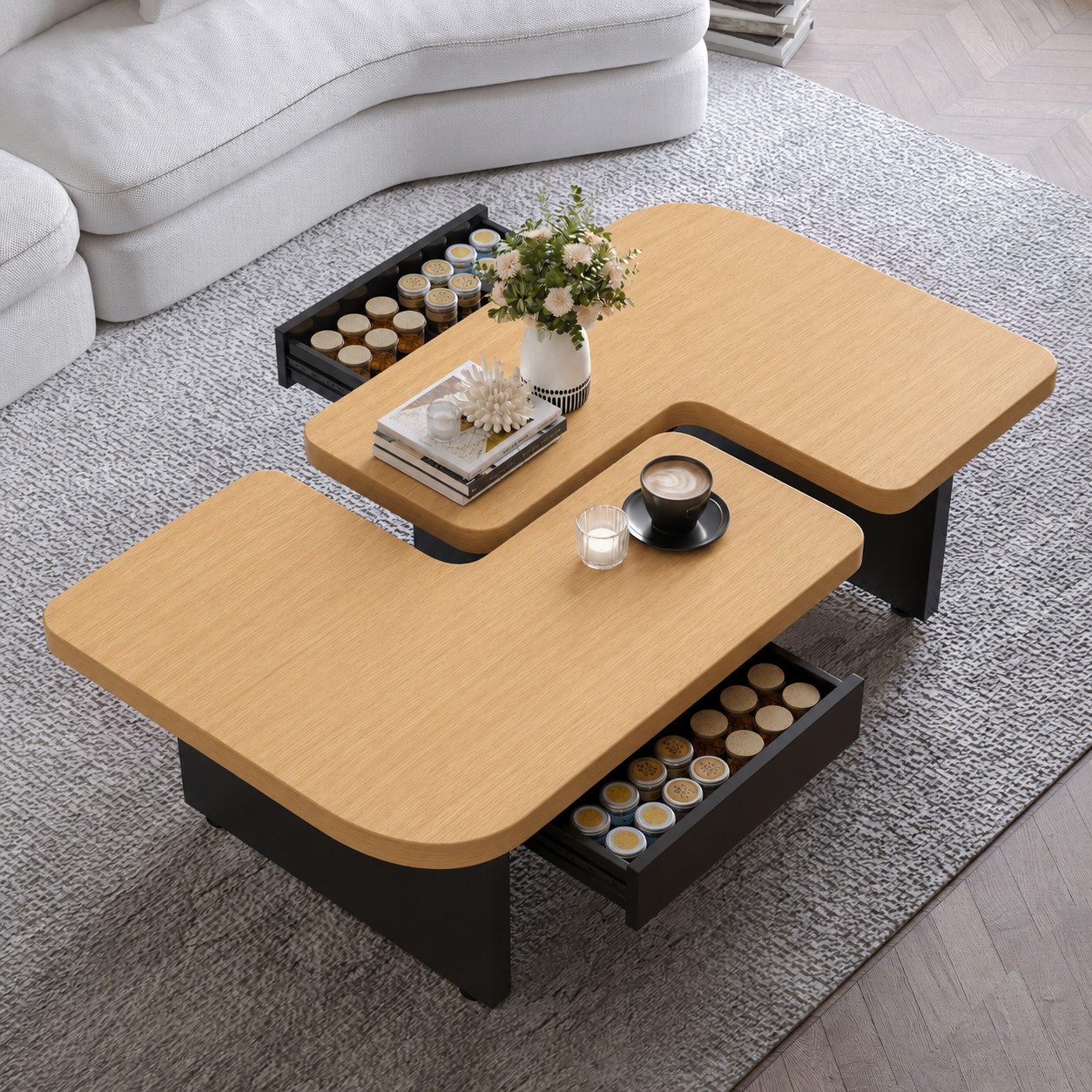 Yorbay Couchtisch 2er Set mit LED-Beleuchtung, Beistelltisch,2 Schubladen, abgerundete Ecken, für Wohnzimmer, Schlafzimmer