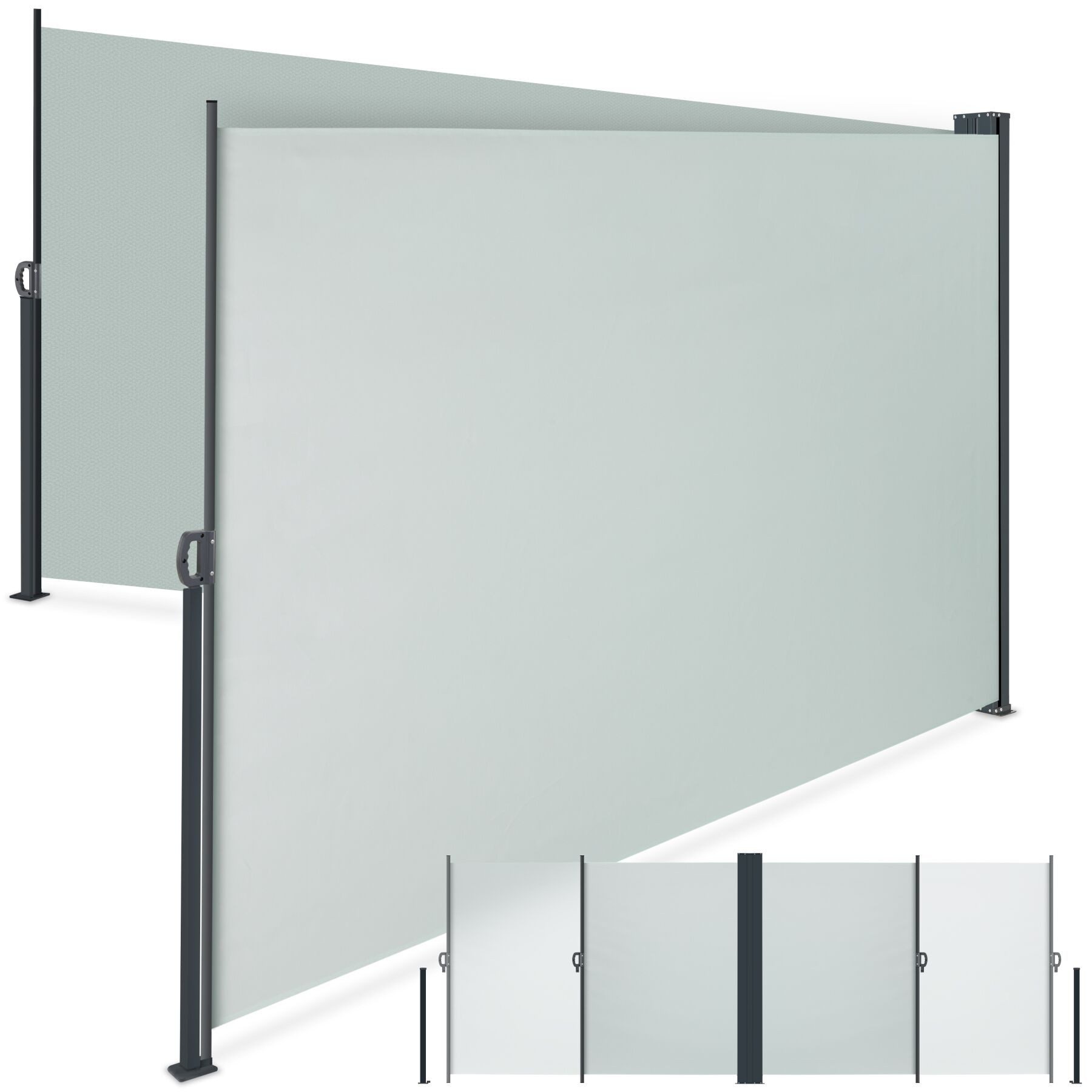 tectake Seitenarmmarkise Doppel-Seitenmarkise, ausziehbar, mit Aufrollmechanismus, 160 x 600 (Sichtschutzmarkise, in grau) wetterfest, blickdicht, Schutz vor Sonne und Wind, aus Polyesterstoff