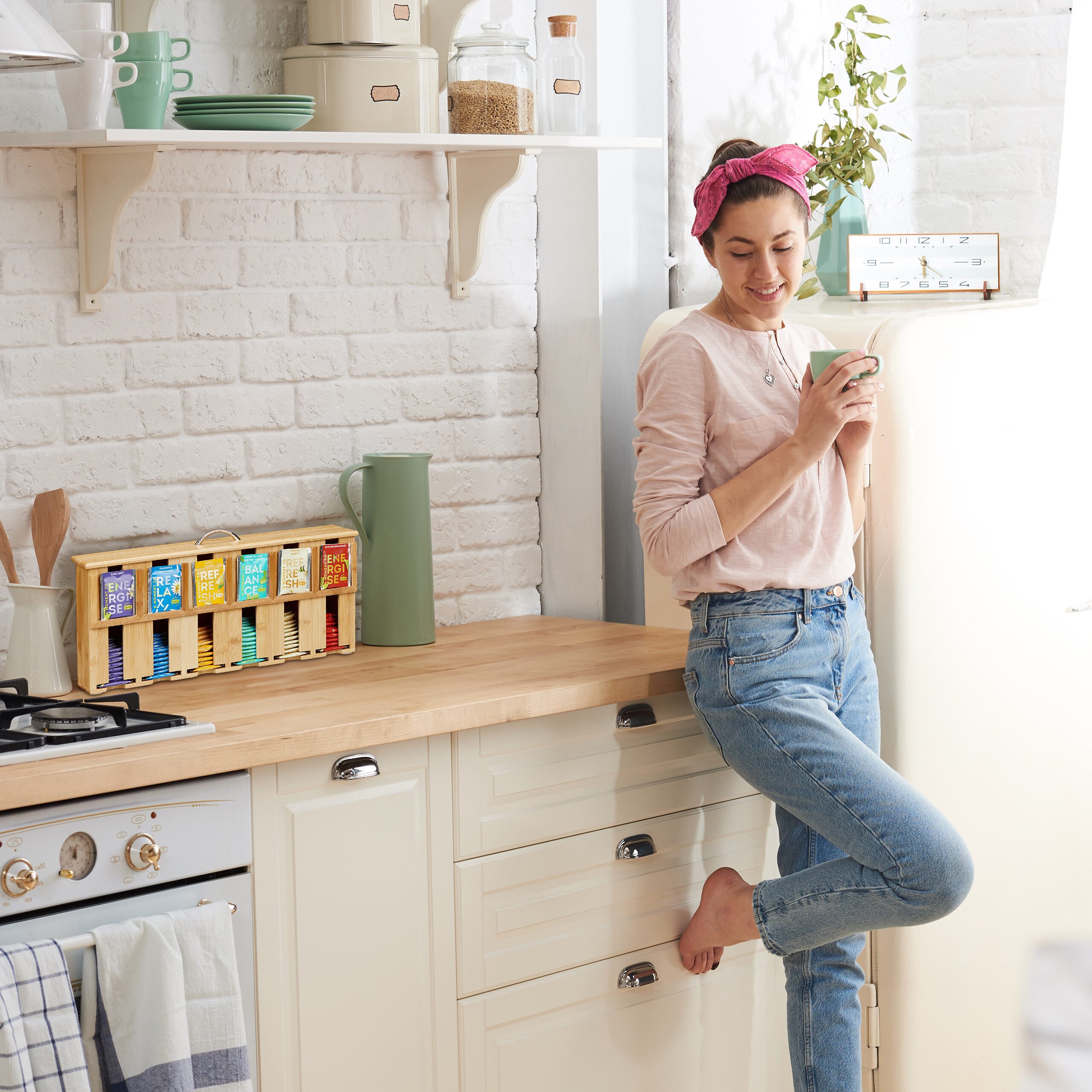 relaxdays Teebox Bambus Teebeutelspender mit 6 Fächern, Bambus