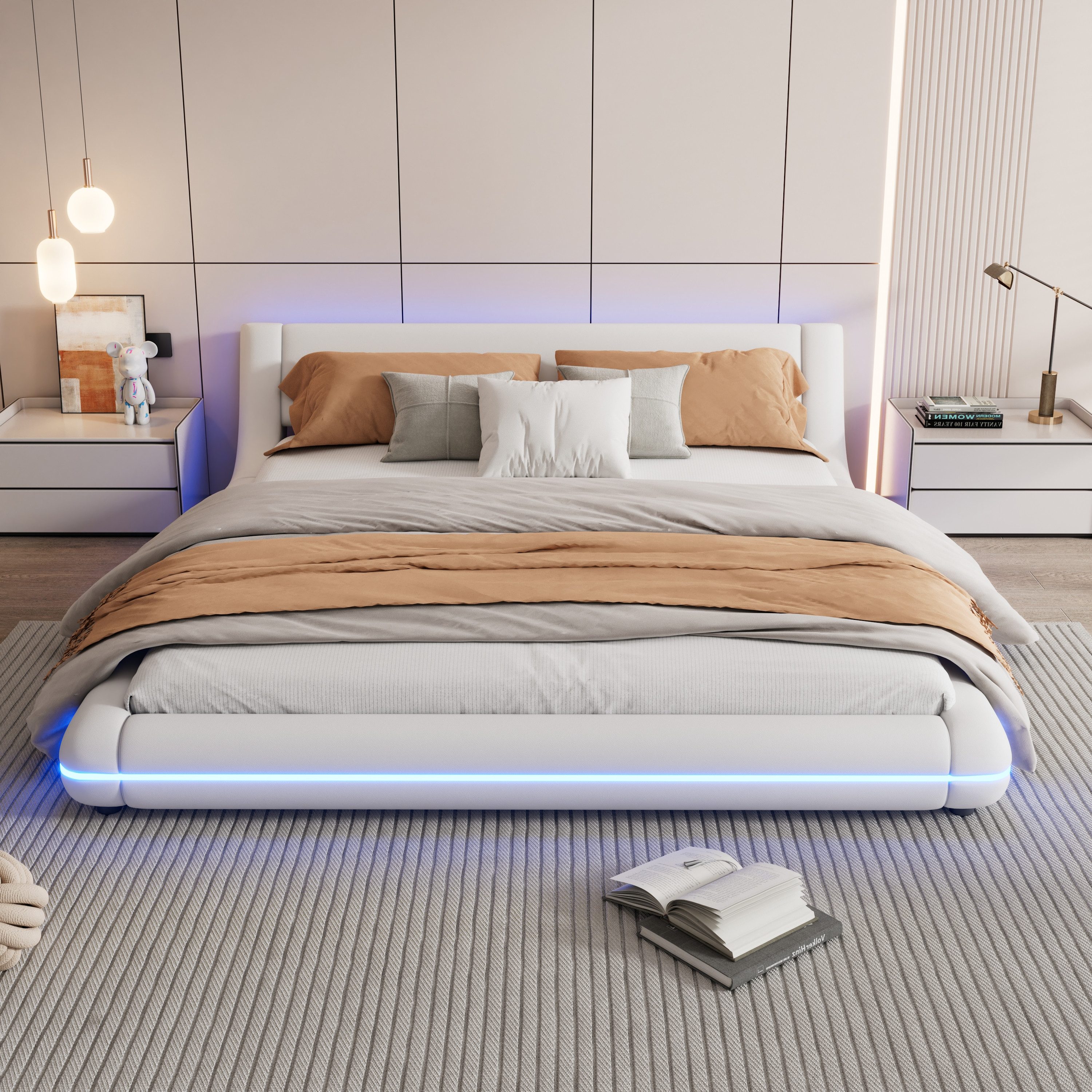 MODFU Polsterbett mit LED-Umgebungsbeleuchtung und 24-Tasten-Fernbedienung (niedriges Bodenbett in elegantem, Doppelbett Kinderbett 160x200 cm), ohne Matratze