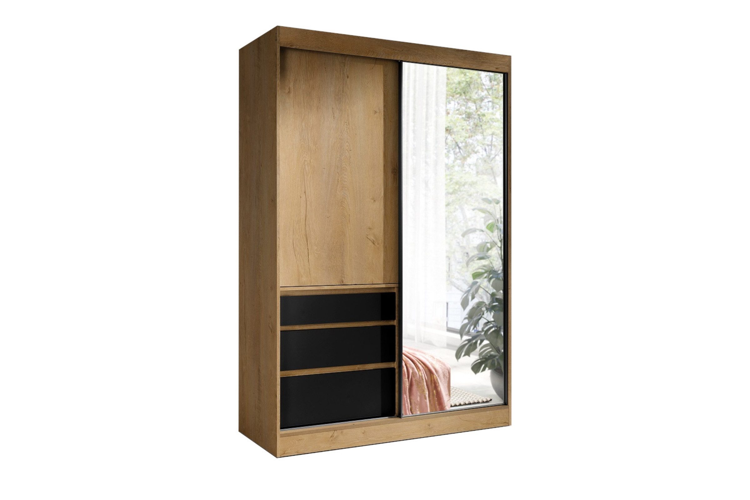 Deine Möbel 24 Schwebetürenschrank HAITI 140 180 cm Weiß Matt Eiche Schwarz Kleiderschrank mit Spiegel (Set, 3-St., Flur Garderobe Schlafzimmer) Schiebetürenschrank Garderobenschrank 2-türig 3-türig
