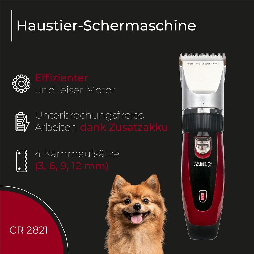Camry Hundeschermaschine CR 2821 Tierhaarschneider Akku, Profi Schermaschine für Hunde, leise, Felltrimmer mit Keramikmesser, Titan-Schneidkopf, Ersatzakku, Schwarz