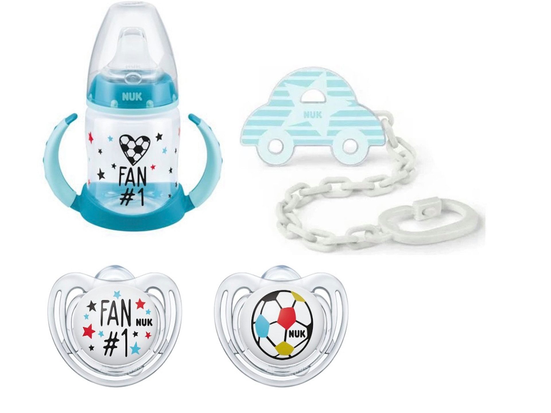 Babyflasche NUK BabySchnuller 6-18 M+Trinklernflasche+Schnullerkette Vorteilset