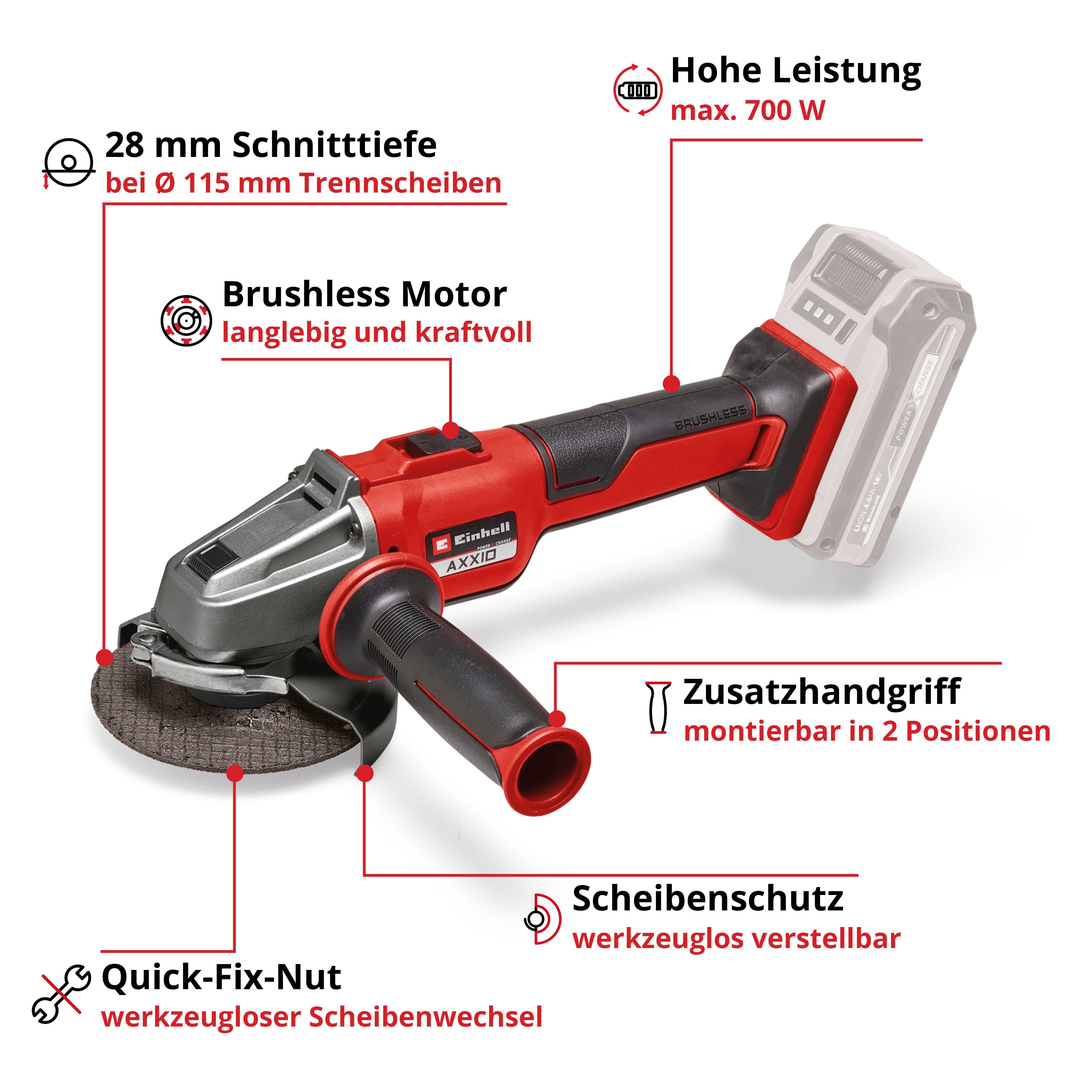 Einhell Akku-Winkelschleifer AXXIO 18/115 Q, (1 tlg), ohne Akku und Ladegerät
