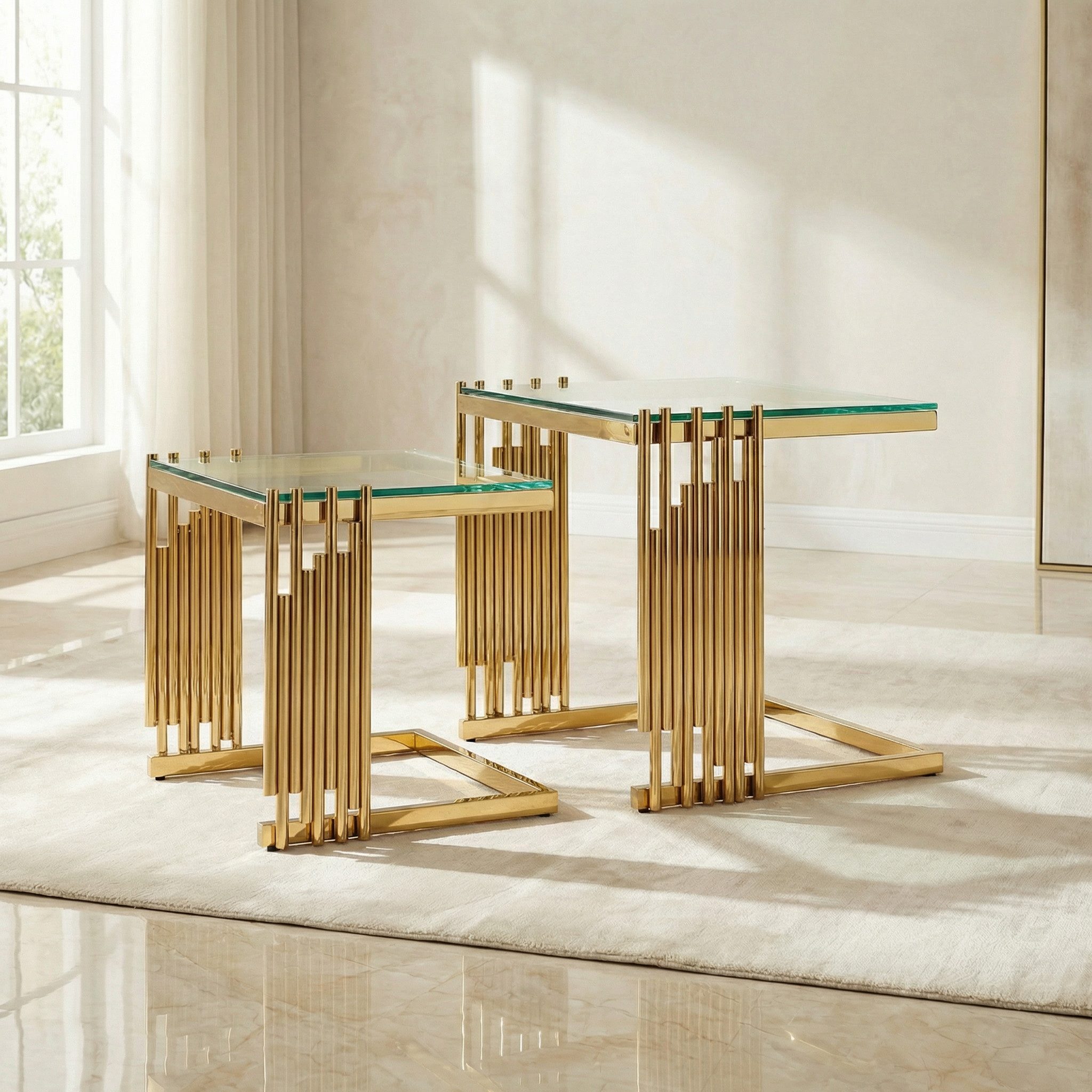 MODFU Beistelltisch Eleganter Akzenttisch für Getränke, Lampe oder Dekoration (Quadratischer Beistelltisch, 41x41x46 cm + 32x32x37 cm, 2-St., 2-teiliges Set goldene Glastische mit gehärteter Platte), Moderner Sofatisch für Wohnzimmer, Schlafzimmer & Homeoffice