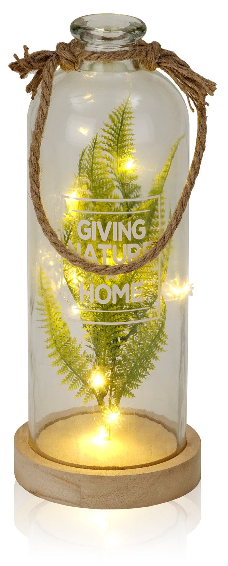 BRUBAKER LED Dekolicht Lichterflasche Giving Nature a Home - Farn oder Olivenzweig, LED Lichterkette, Warmweiß, Dekoleuchte mit 10 LED Sternen, Party Licht Deko