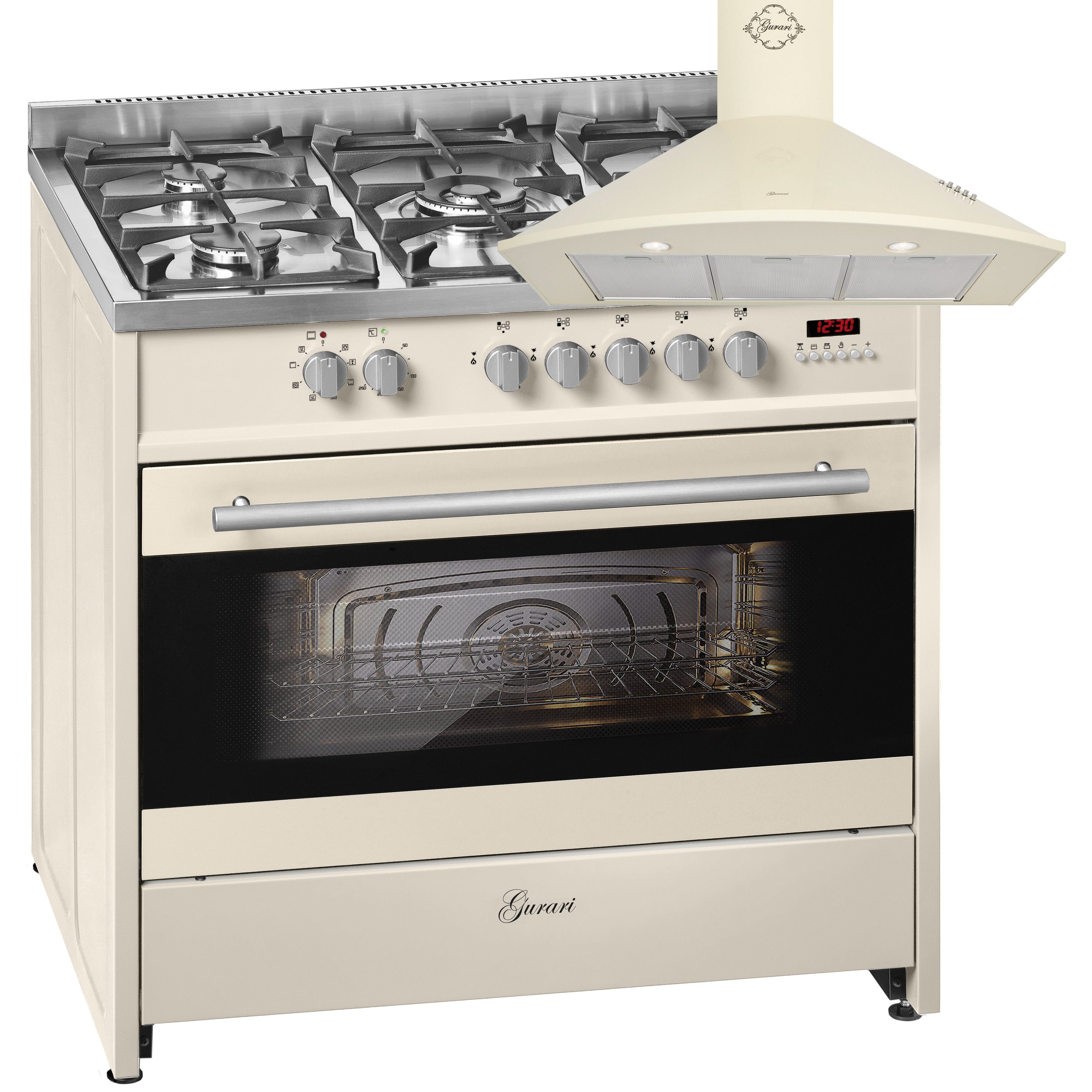 GURARI Gas-Standherd GCH E 911 Cr+GCH C 046 BG 9, mit 1-fach-Teleskopauszug, Gas Elektro Standherd 90 cm,121 L+Dunstabzugshaube 90cm