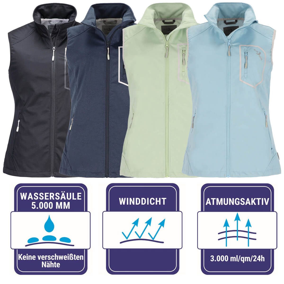 Blue Wave Softshellweste Damen Weste Kira mit Stehkragen - Leichte Outdoor-Weste atmungsaktiv