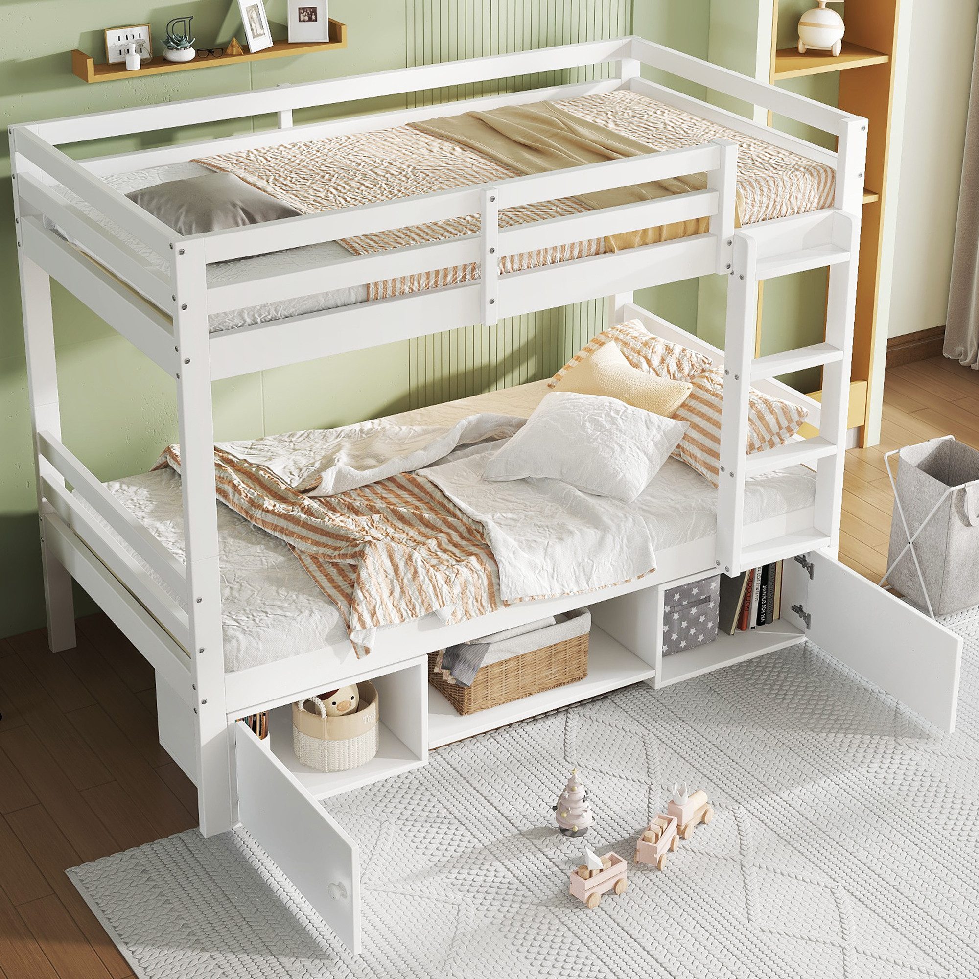 Flieks Etagenbett, Massivholz Kinderbett Schuhregale/Stauraumfächer/Umwande günstig online kaufen