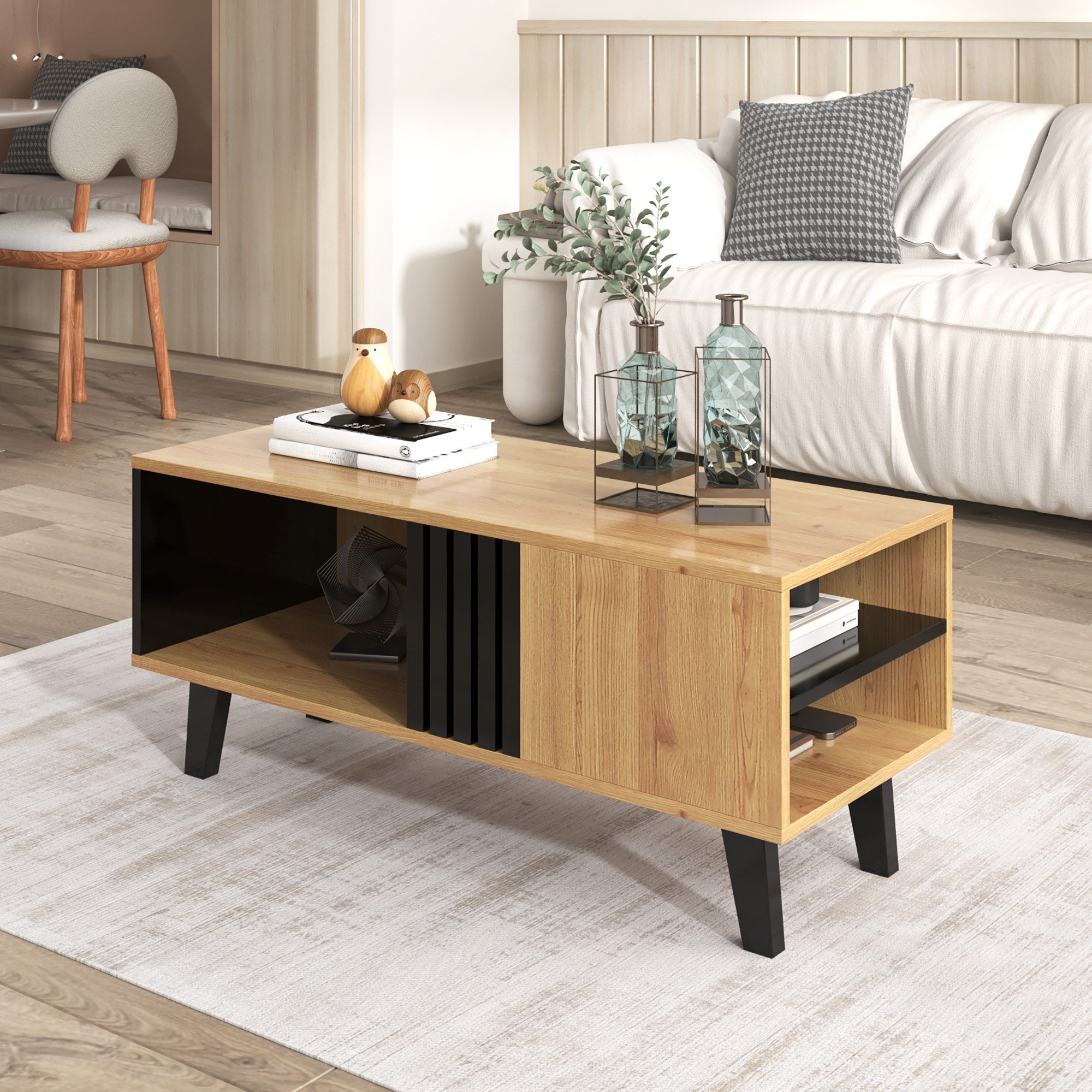 BlingBin Wohnwand, (1er Set, 1-St., Couchtisch im Design aus farbigem Holz und Schwarz, 100 x 60 x 45 cm), Wohnzimmertisch mit Schubladen-Beistelltisch,vielseitiger Aufbewahrung