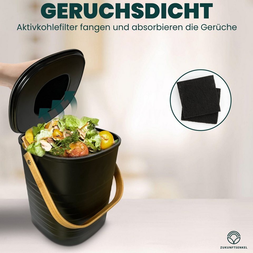 ZUKUNFTSENKEL Biomülleimer Geruchsdicht Doppelpack Komposteimer, Bioeimer Mit Aktivkohlefilter Abnehmbarer Deckel 4L Schwarz, Bioabfallbehälter