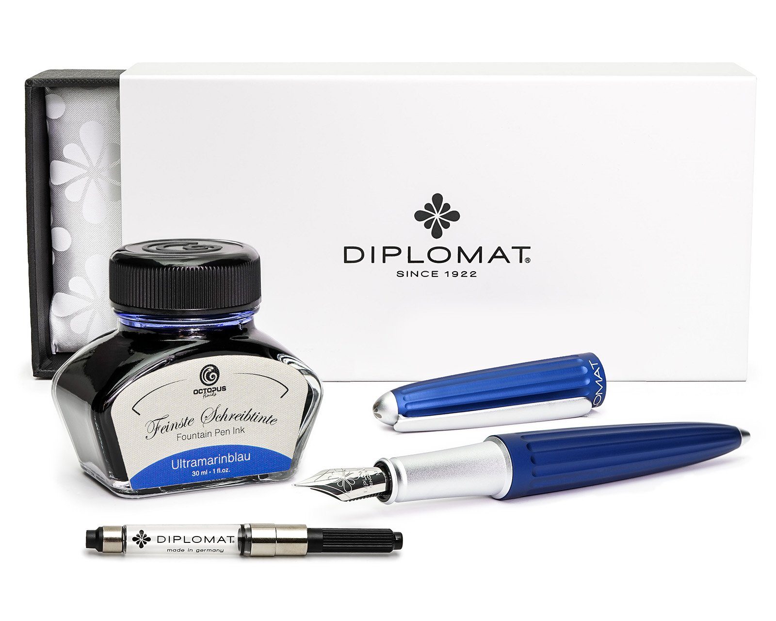 DIPLOMAT Füllhalter Aero blau mit Schreibtinte, (Spar-Set mit Tintenkonverter und Schreibtinte Ultramarinblau von Octopus Fluids), MADE IN GERMANY