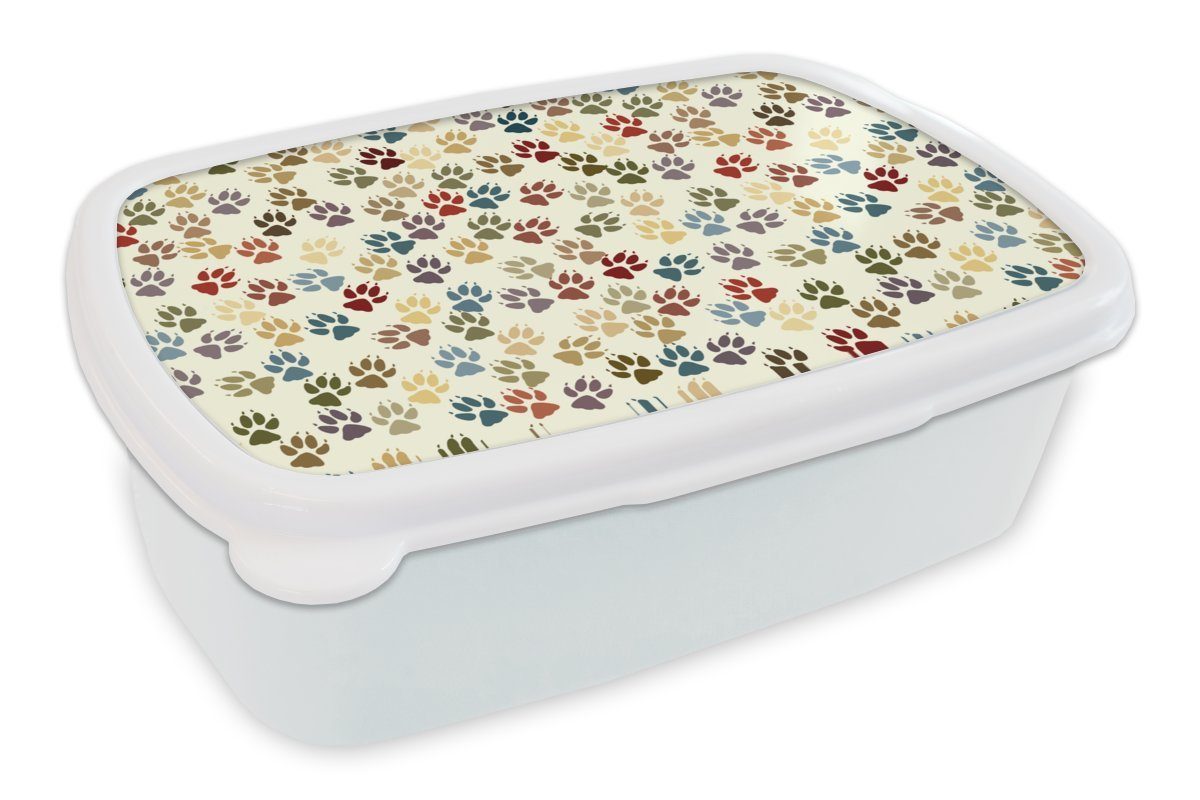 MuchoWow Lunchbox Muster - Hund - Pfoten - Jungen - Mädchen - Kinder - Kind, Kunststoff, (2-tlg), Brotbox für Kinder und Erwachsene, Brotdose, für Jungs und Mädchen weiß