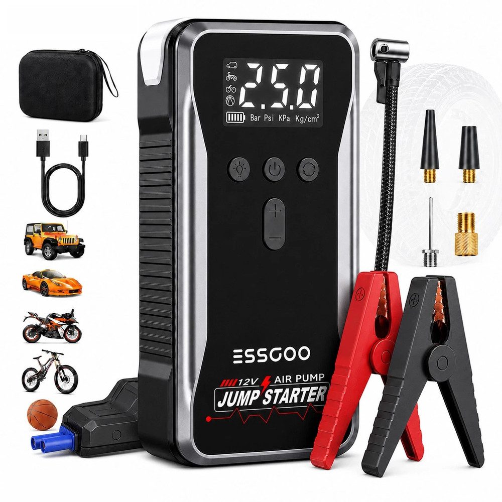 ESSGOO 5000A 12V Auto Starthilfe 18000mAh Batterie Booster Luftpumpe Autobatterie-Ladegerät (18000 mAh, LED-Leuchte, 9,0L Benzin Oder 8,5L Diesel, -20°C bis 60°C)