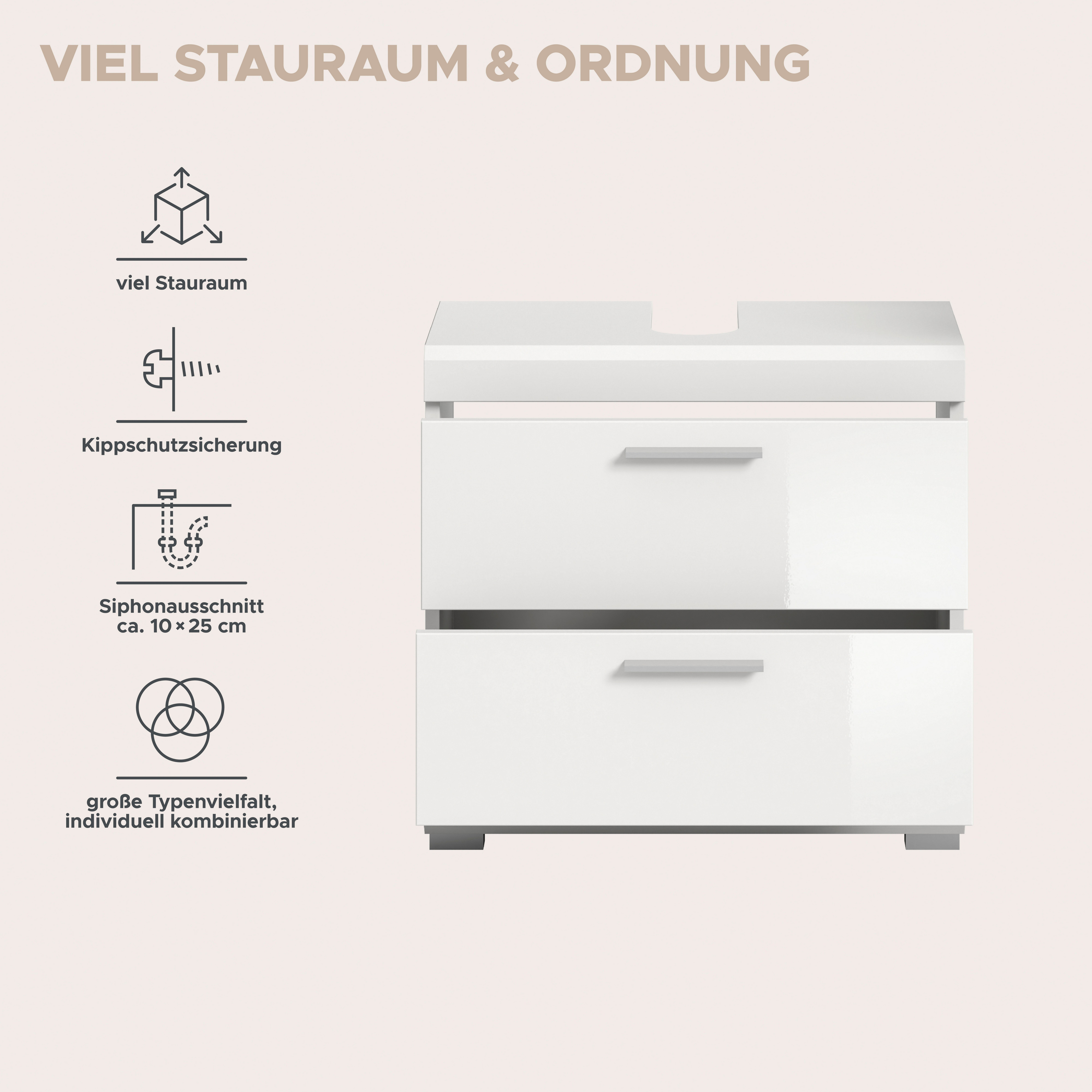 welltime Waschbeckenunterschrank SIENA, Breite 60cm, mit 2 Türen oder 2 Schubkästen, MDF-Front (1-St., TOPSELLER!, mit Siphonausschnitt 10x25 cm) in verschieden – Bild 4 von 5