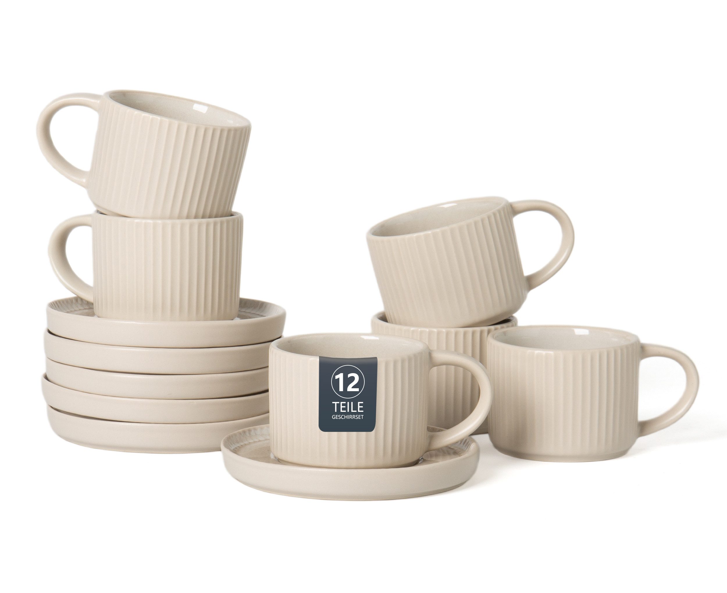 OTTO home Espressotasse Ylvii, 12er Set, bestehend aus 6 Tassen + 6 Untertassen, 12-tlg., Steinzeug, für 6 Personen, spülmaschinenfest und mikrowellengeeignet, 90 ml