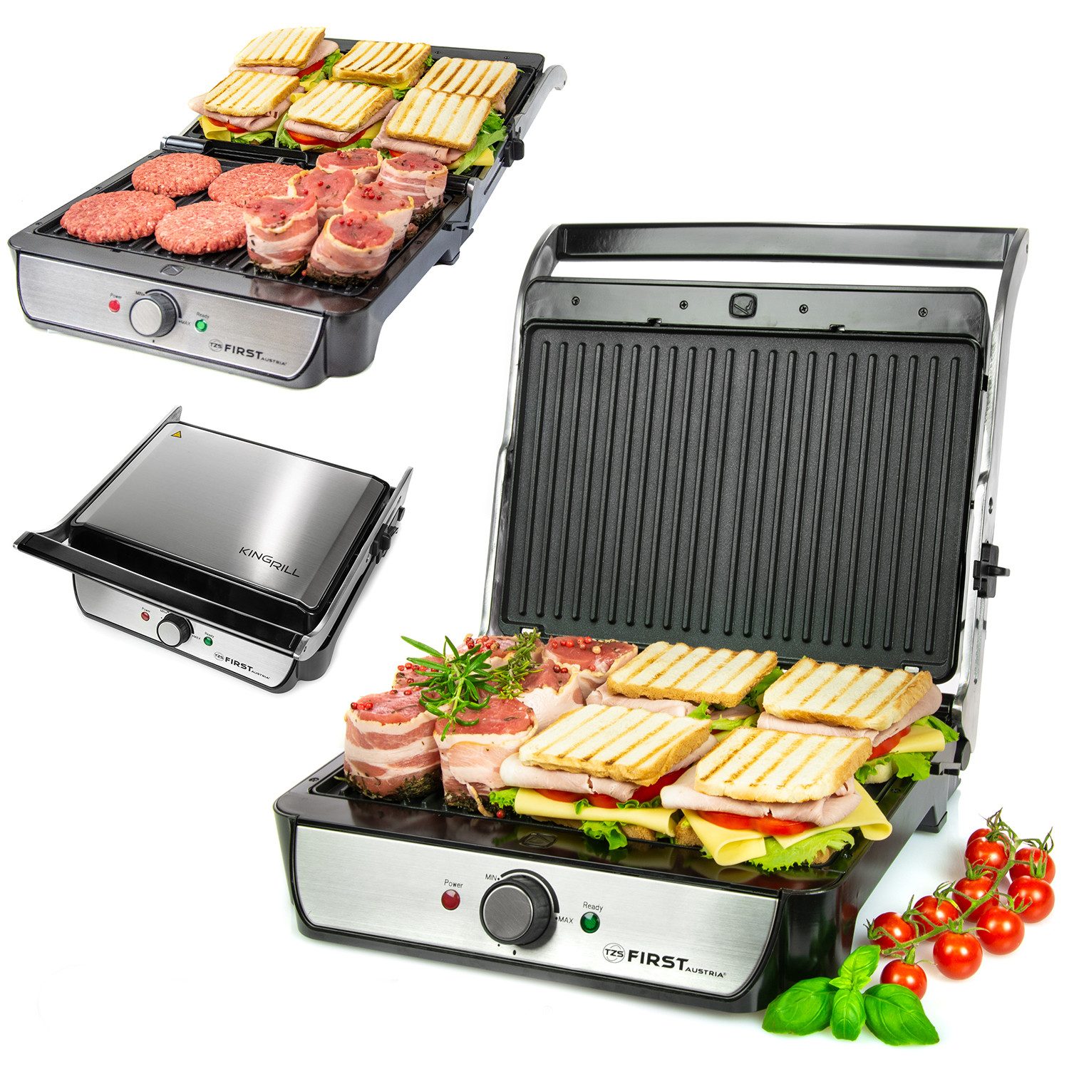 TZS FIRST AUSTRIA Kontaktgrill Tischgrill, Elektrogrill für den Tischgebrauch, Grillplatte, 2000 W, 180°-Öffnung, Kontaktgrill mit Antihaftbeschichtung, 900W