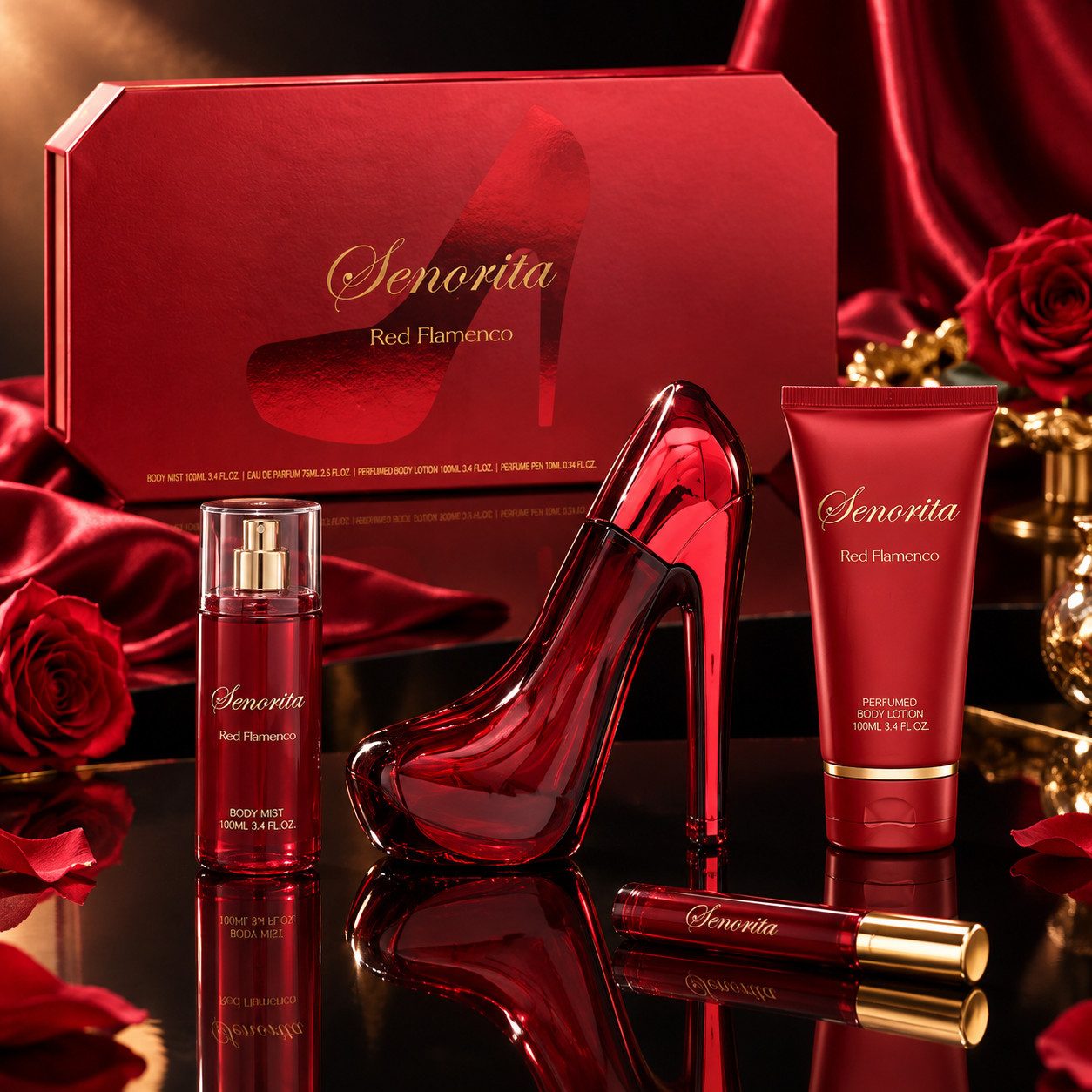 Fine Perfumery London Pflege-Geschenkset Senorita Red Flamenco 4-tlg. Damen Geschenkset Hergestellt in UK, 4-tlg., Angenehmer Duft, perfekt als Geschenk, attraktive Verpackung