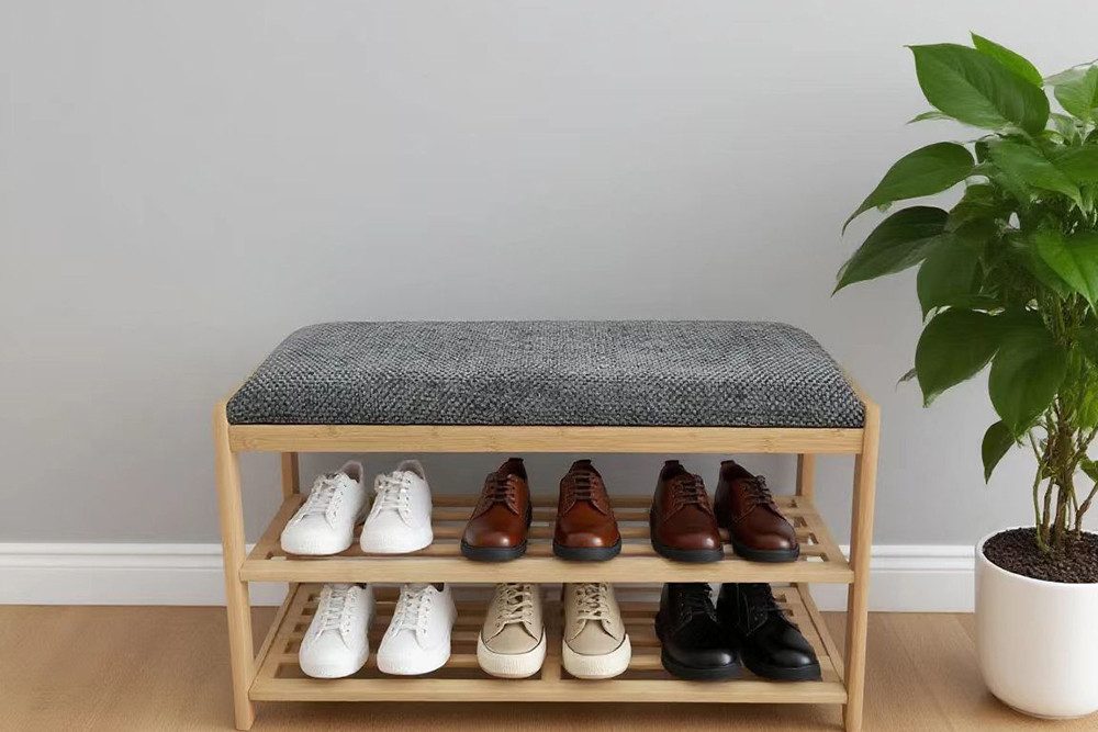 riess-ambiente Schuhbank ZEN-BO 80cm natur/grau - Bambus, FSC, Regal, Sitzbank, viel Stauraum (Einzelartikel, 1-St), Gepolsterte Garderobenbank aus Massivholz - ideal für Eingangsbereich