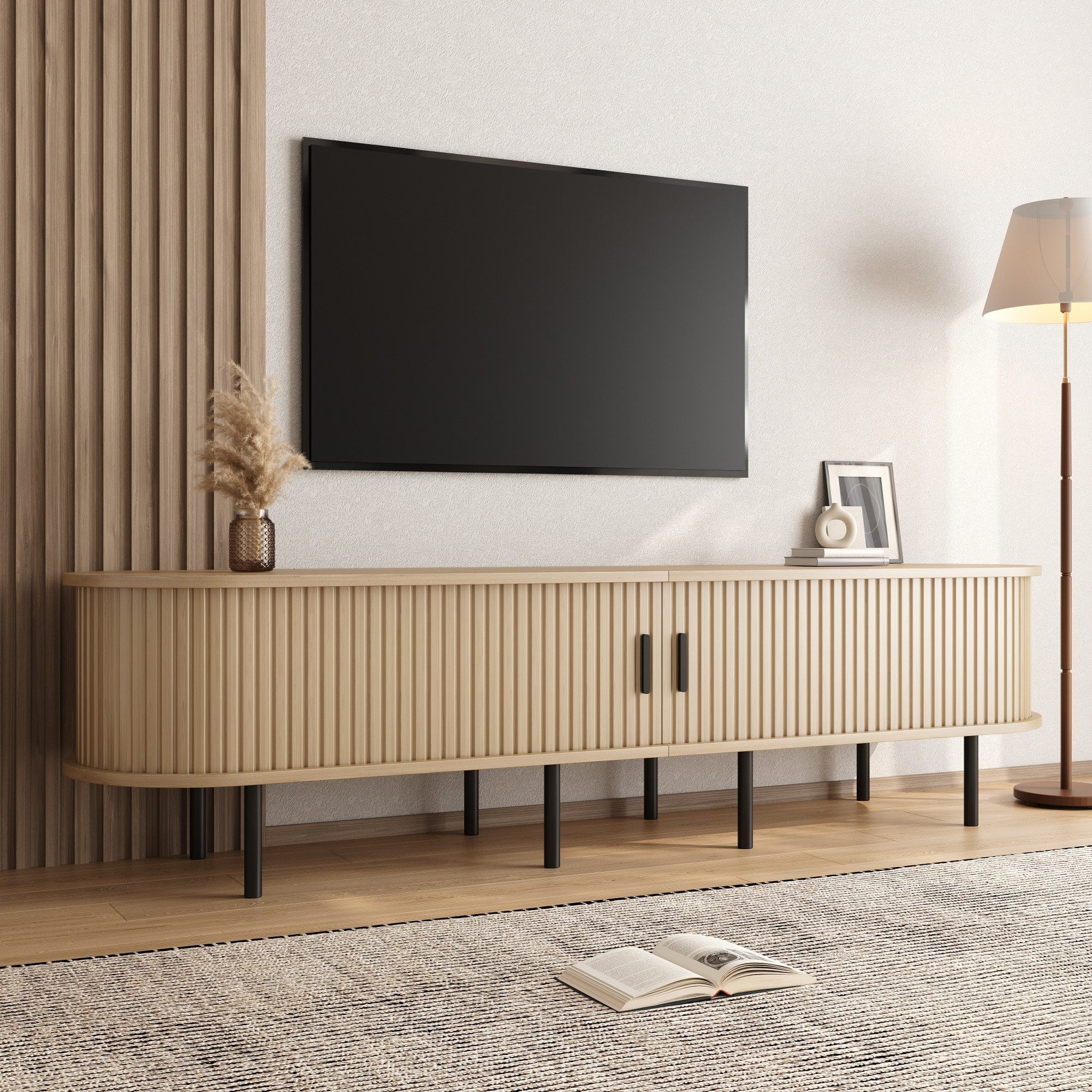Merax Lowboard in Holzoptik, TV-Board im Rillenoptik (1 St., 170 x 40 x 46 cm (L x B x H), TV-Schrank mit 2 Schiebetüren, 2 offenen Fächern,Stauraum,Metallbeine