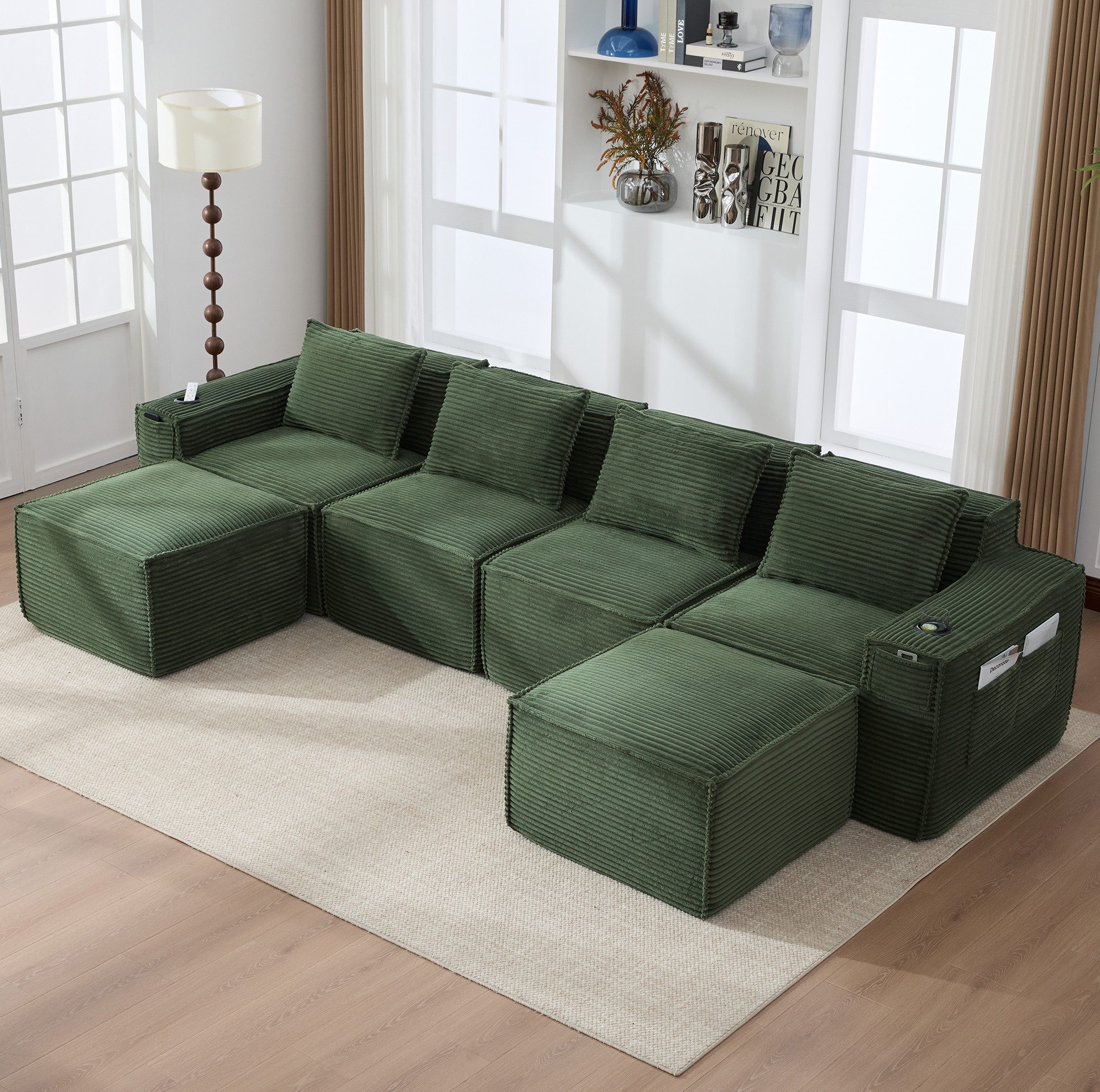 Sofa 4-Sitzer modulares Loungesofa aus Cord mit 2 Hockern