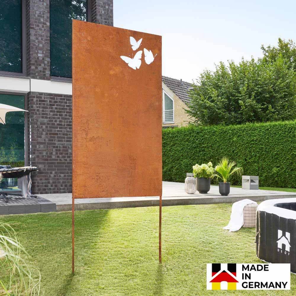 HOME DELUXE Sichtschutzelement BUTTERFLY - Made in Germany - 180 cm x 100 cm, (mit Pfosten), Strapazierfähig und wetterbeständig, Dekoschild, Rostschild