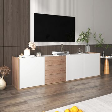 REDOM TV-Schrank Lowboard Fernsehtisch (mit 3 Schubladen und 3 Türen) mit Paneel in Weiß und Holzfarben,TV-Board freistehend/hängend