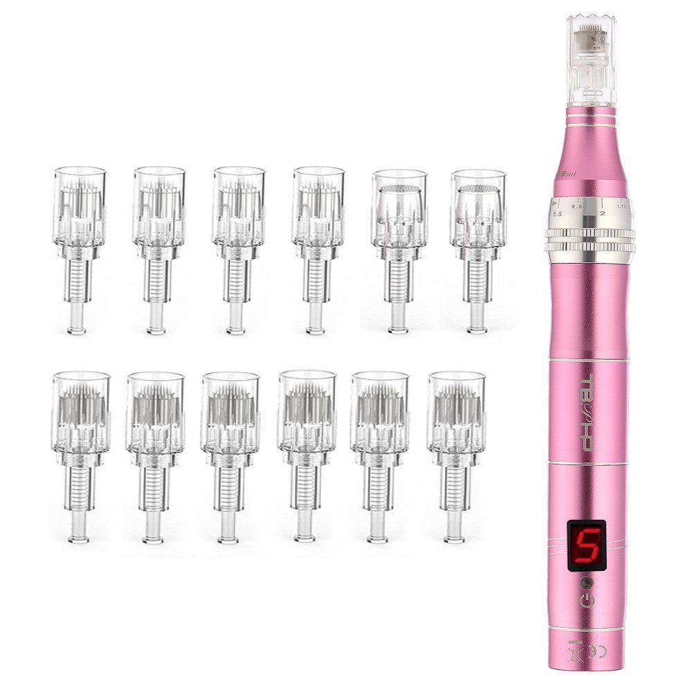 LOVONLIVE Dermaroller 12 Pen Microneedle Derma Stift Derma Stufen mit Nadelköpfe 7 Aufladbares inkl. Elektrischer Therapiegerät LCD-Bildschirm Haut 0-2,5mm