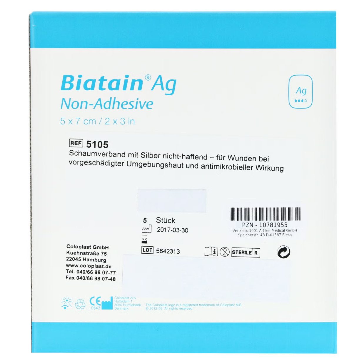 Coloplast Wundpflaster BIATAIN AG Schaumverband 5x7 cm nicht haftend (Spar Set, 5 St., Wundverband in 5er-Packung), Antimikrobieller Verband für Wunden