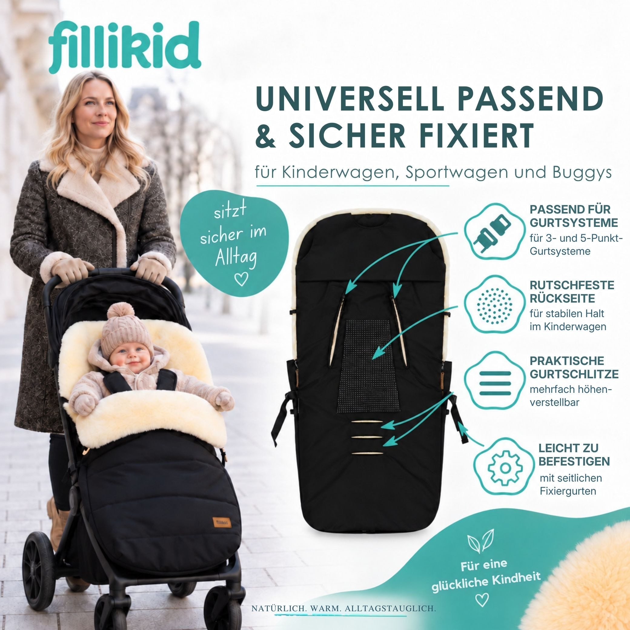 Fillikid Fußsack Winterfußsack Bernina Lammfell Exklusiv, Warmer Winterfußsack mit echtem Merino-Lammfell wasserabweisend und – Bild 5 von 5