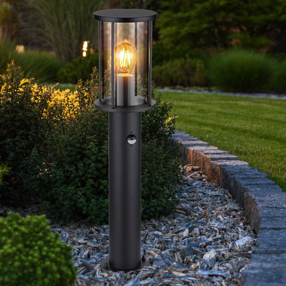 GLOBO LIGHTING LED Außen-Stehlampe, Leuchtmittel nicht inklusive, Stehleuchte Außen Metall schwarz Glas rauch Sensor D 14,3 cm