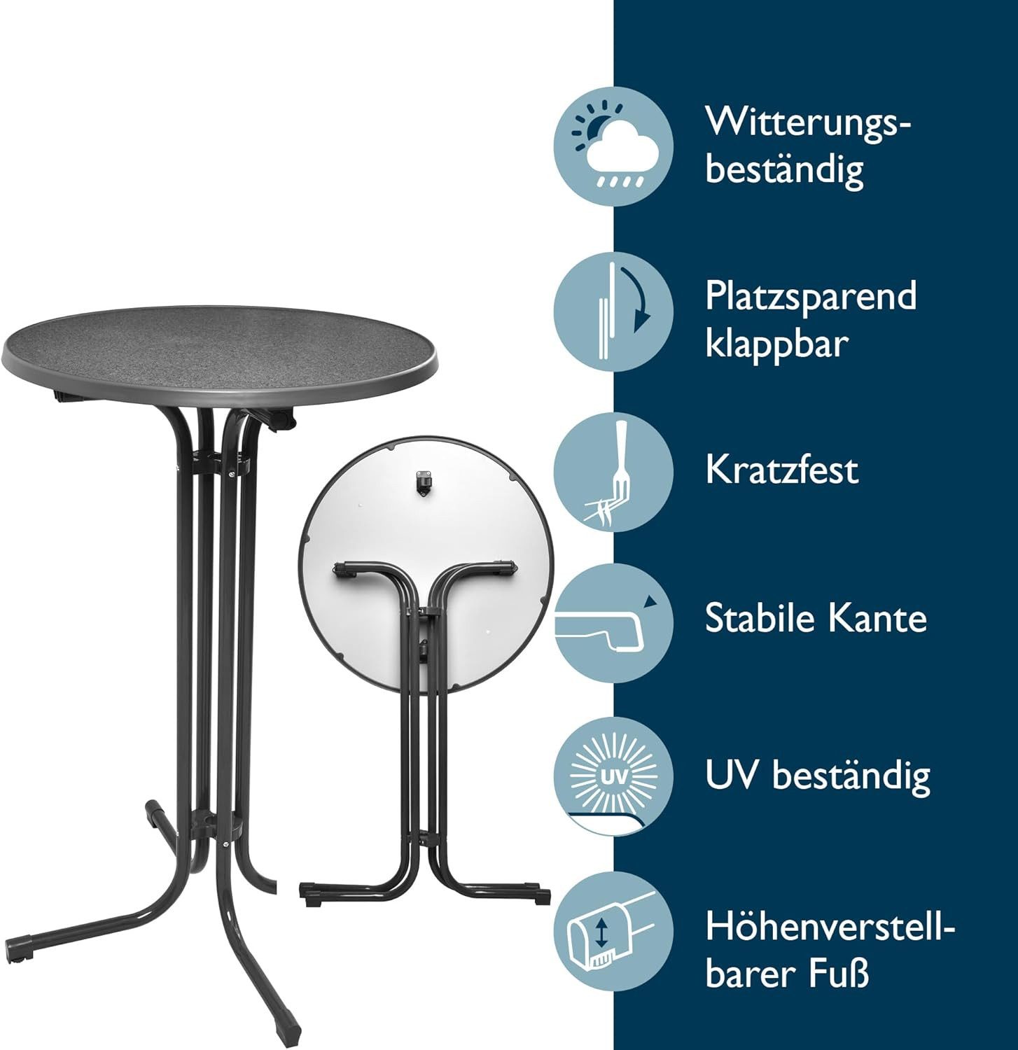 Beautissu Stehtisch Outdoor Stehtisch Bellini, klappbar, 2er Set, Ø80cm, Grau, wetterfest – kratzfest – Gastro-Qualität