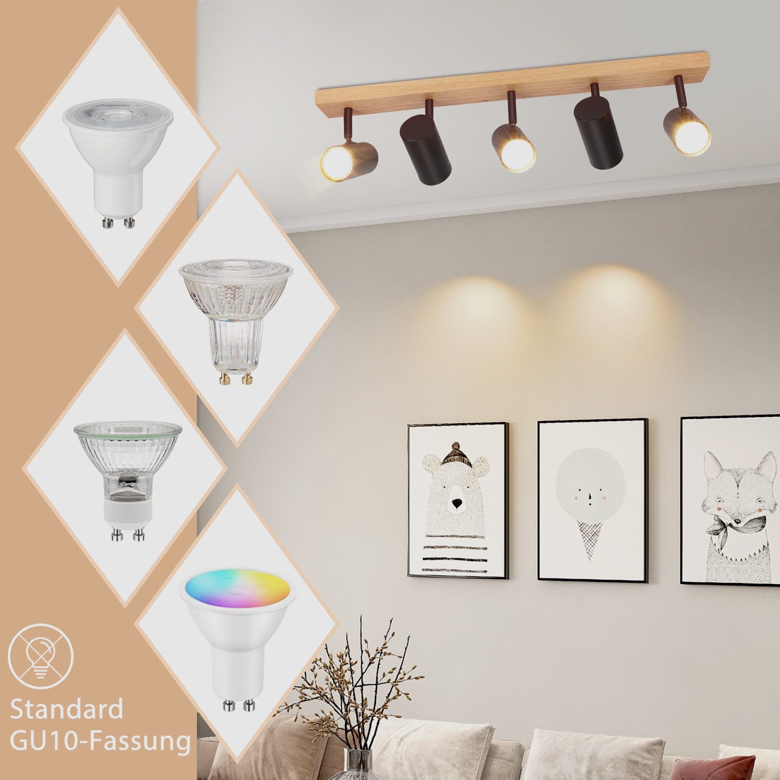 Nettlife Deckenstrahler Deckenstrahler 4/5 Flammig Holz Vintage GU10, Schwe günstig online kaufen