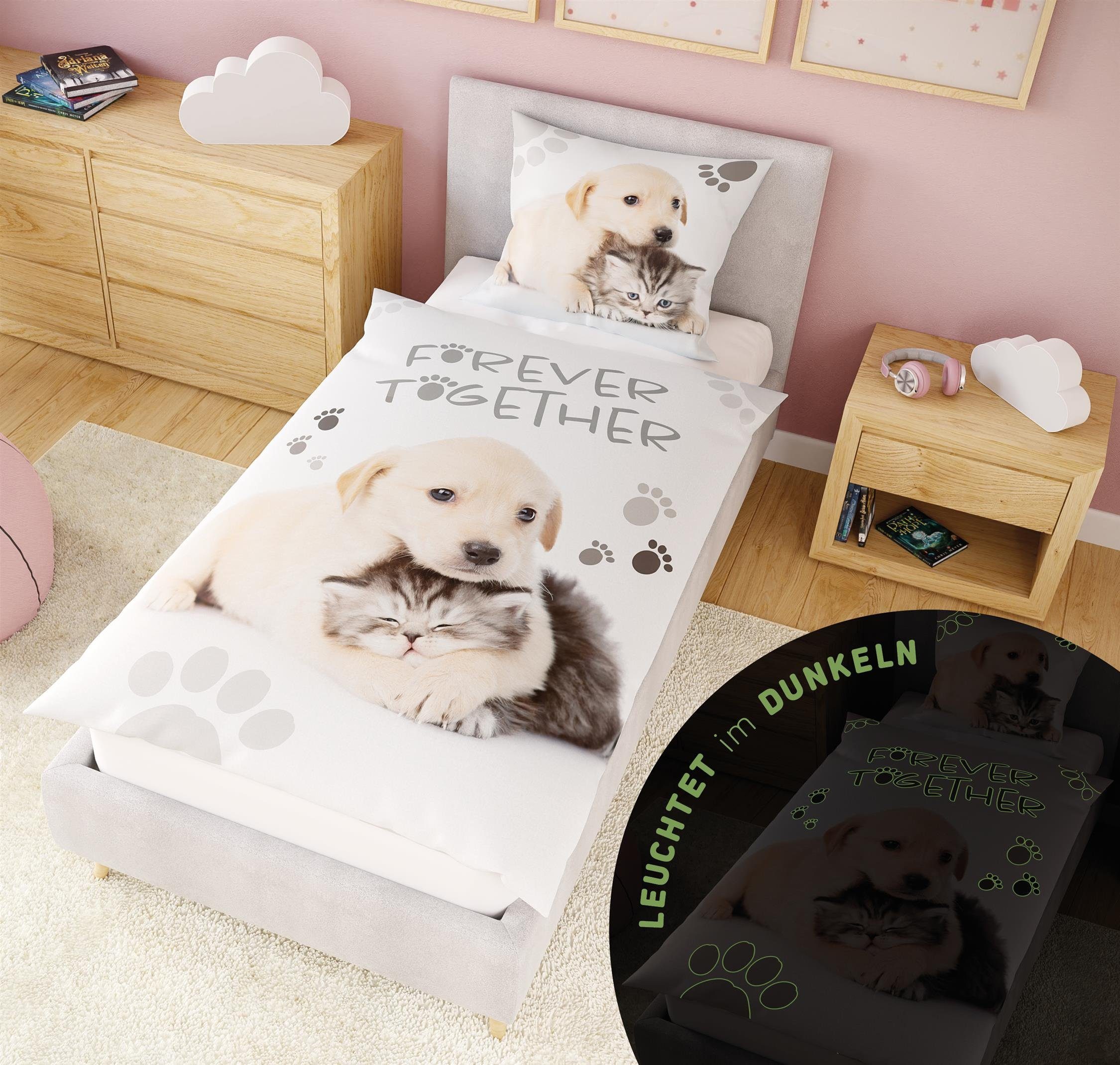 Kinderbettwäsche + 10 SPIELE Leuchtende Bettwäsche 135x200 Kinder Bettzeug Tiere Kids, Carpe Sonno, Renforcé, 2 teilig, GLOW IN THE DARK Tier Bettwäsche Hund Katze