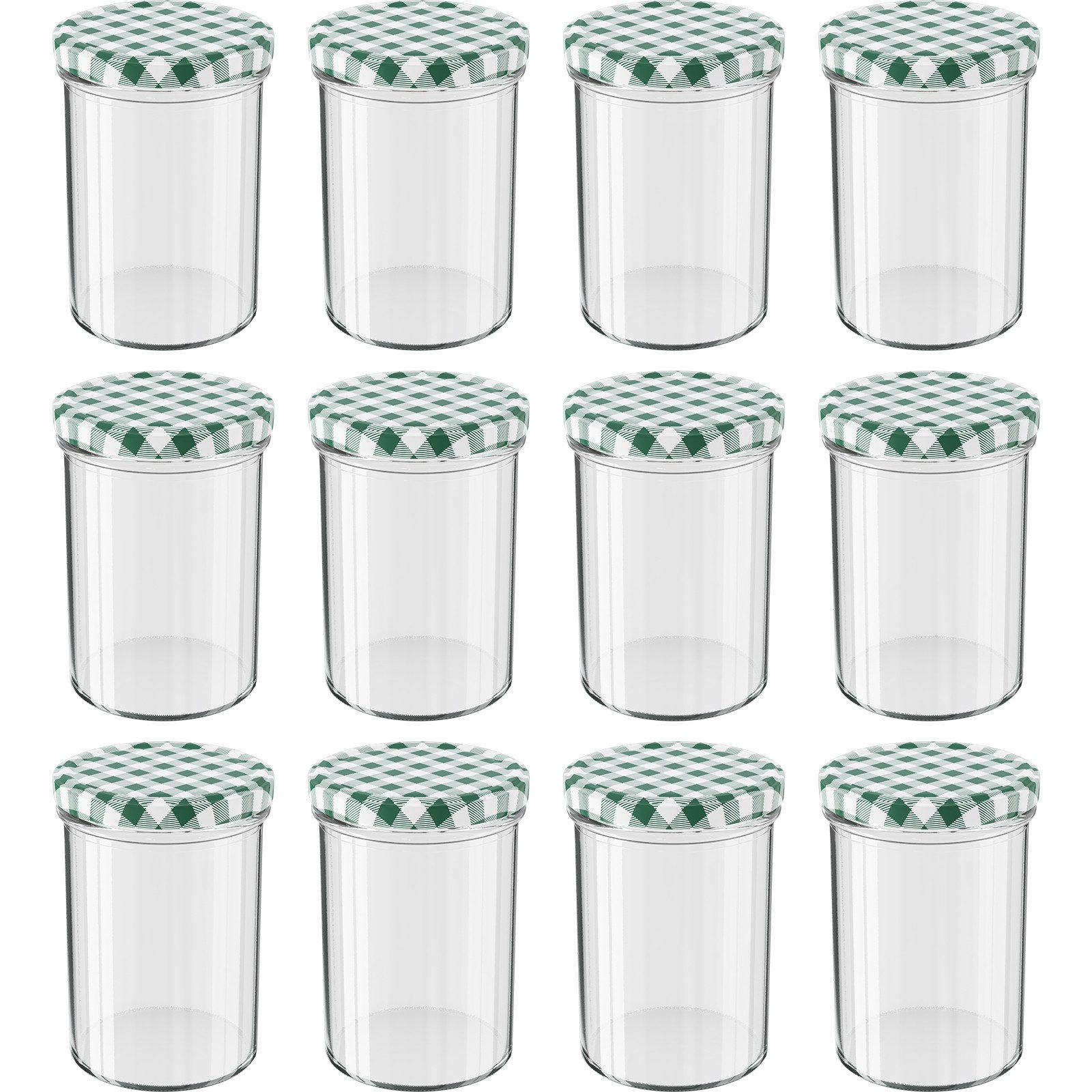 Wellgro Vorratsglas Einmachgläser Schraubdeckel grün kariert - 435 ml, (12-tlg)
