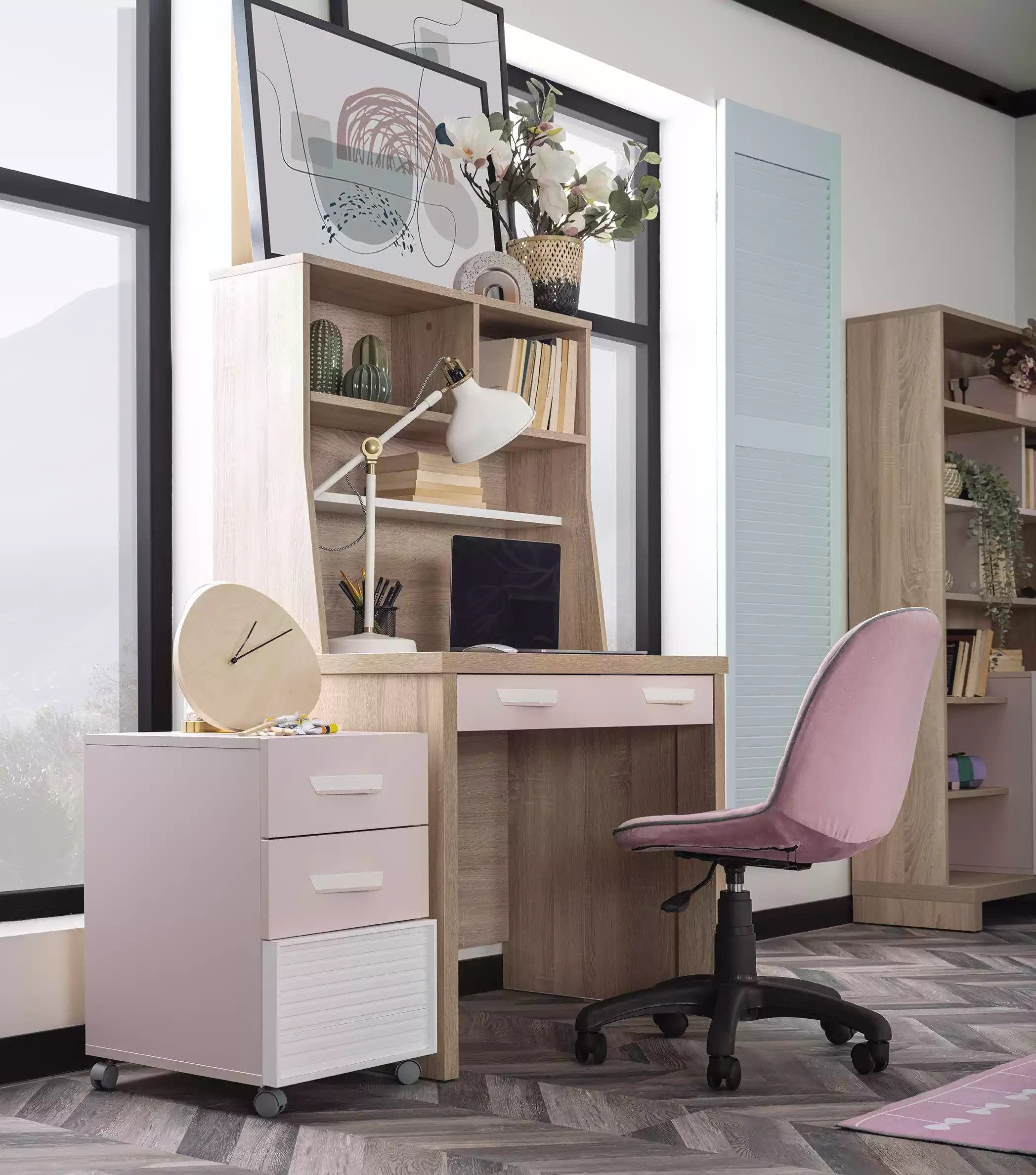 Xlmoebel Rollcontainer Set Kinderzimmer Schreibtisch Regale für Bücher 4-teilig Computer, (4 St., Kommode), Hergestellt in Europa