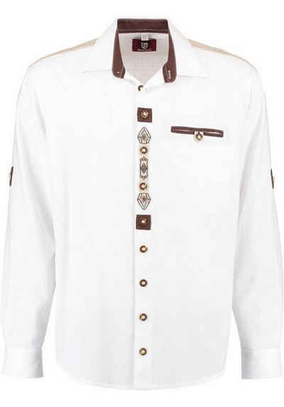 Pezzo D'oro Trachtenhemd Herren Trachtenhemd im Landhausstil, Leinenoptik, Farbe weiß, rustikal bestickt in beige/braun im Landhausstil