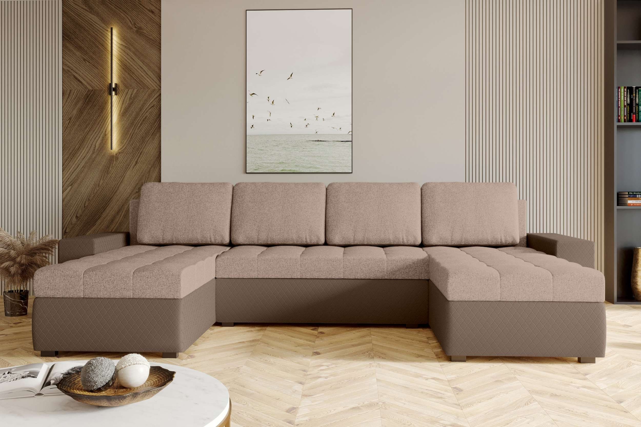 Design Eckcouch, mit Stylefy mit U-Form, Modern Bettkasten, Bettfunktion, Wohnlandschaft Amelia, Sofa, Sitzkomfort,