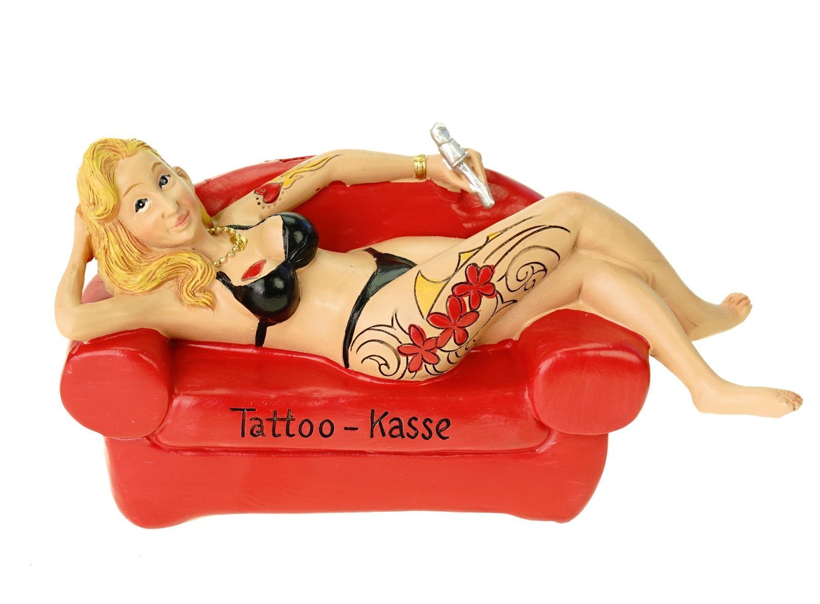 Kremers Schatzkiste Spardose Spardose Tattookasse Tätowiererin auf Sofa 18cm Tattoo Girl tätowieren