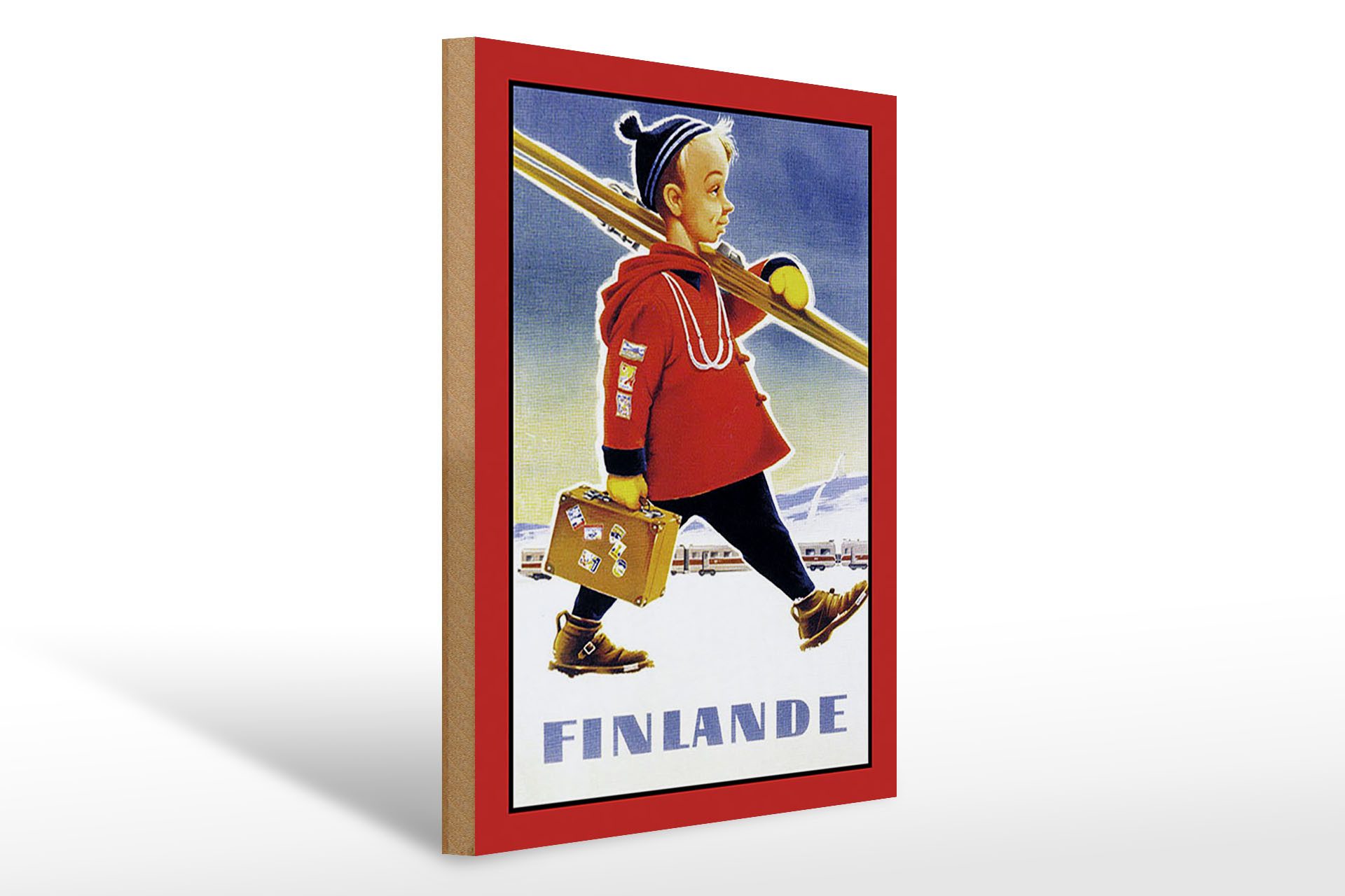 Femer GmbH Holzbild Reise 30x40 cm Finlande Finnland Junge mit Ski, (1 St), Glatte Holzfaserplatte (MDF), vorn beschichtet