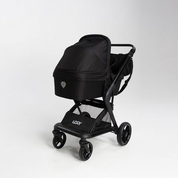 LOVY Kombi-Kinderwagen 4 in 1 Set. Eingeschlossen: Babywanne, Babyschale für das Auto, Sportsitz, Wickeltasche, Moskitonetz, Isofix-Basisstation.