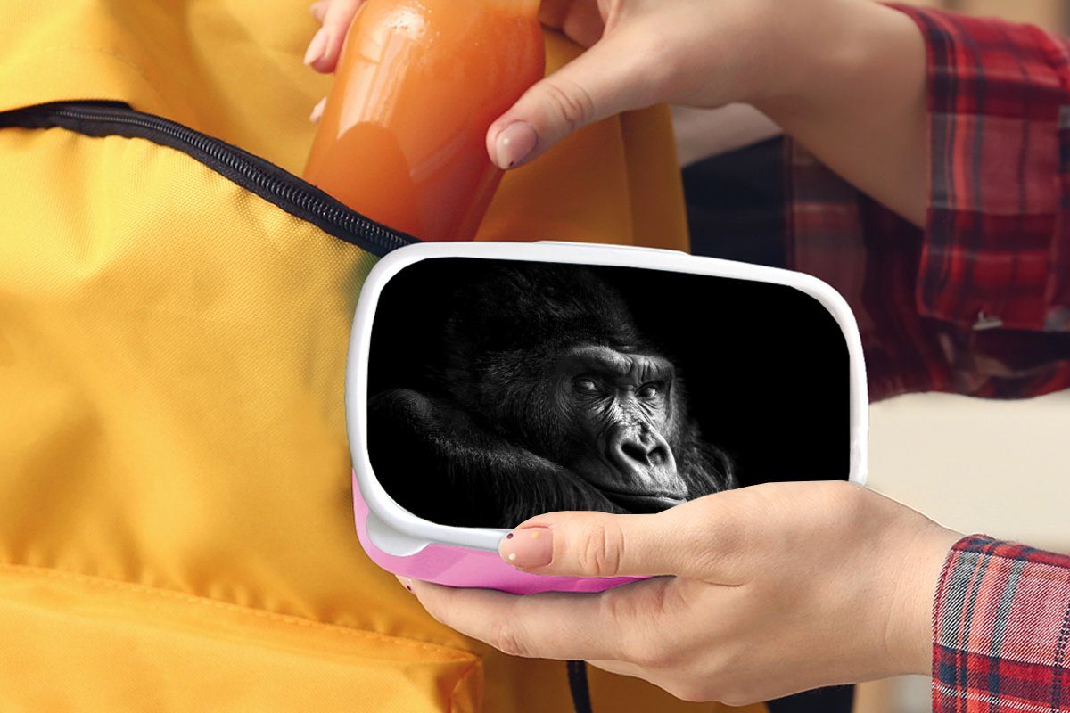 MuchoWow Lunchbox Gorilla - - Schwarz Mädchen, Brotbox Affe Snackbox, - Brotdose Porträt, Erwachsene, - Kunststoff Weiß Kinder, für Kunststoff, (2-tlg), rosa