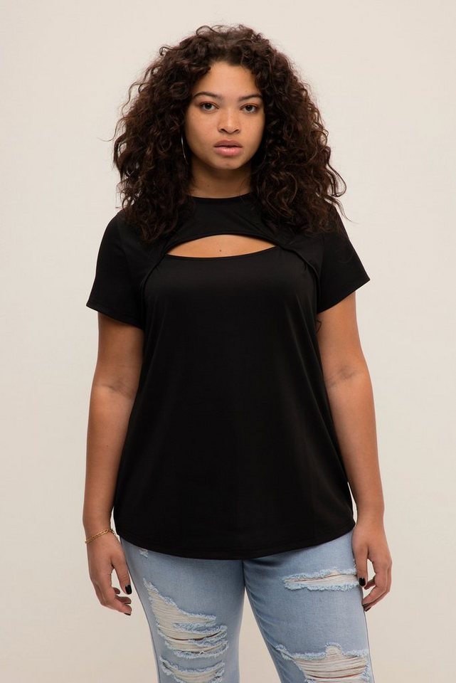 Studio Untold Rundhalsshirt T-Shirt Slim Shape Cut-Out Rundhals Halbarm,  CutOut über der Büste