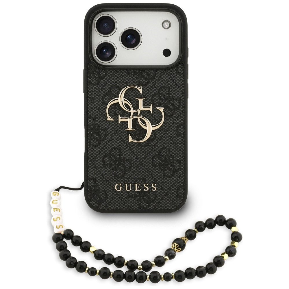 Guess Handyhülle Case iPhone 17 Pro Kunstleder grau Big Logo goldfarbig Kette 6,3 Zoll, Kantenschutz