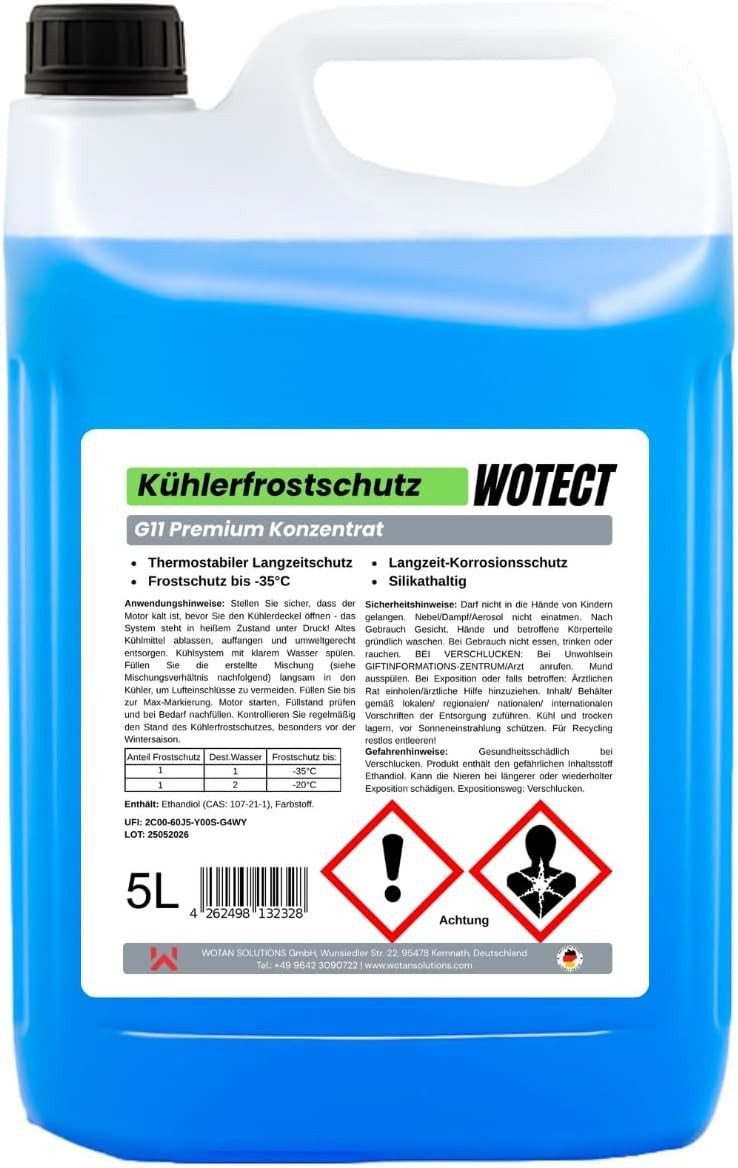 Wotect Kühlerfrostschutz WOTECT Kühlerfrostschutz G11 Konzentrat 5L, 5 l, Frostschutz, Überhitzungsschutz, Korrosionsschutz