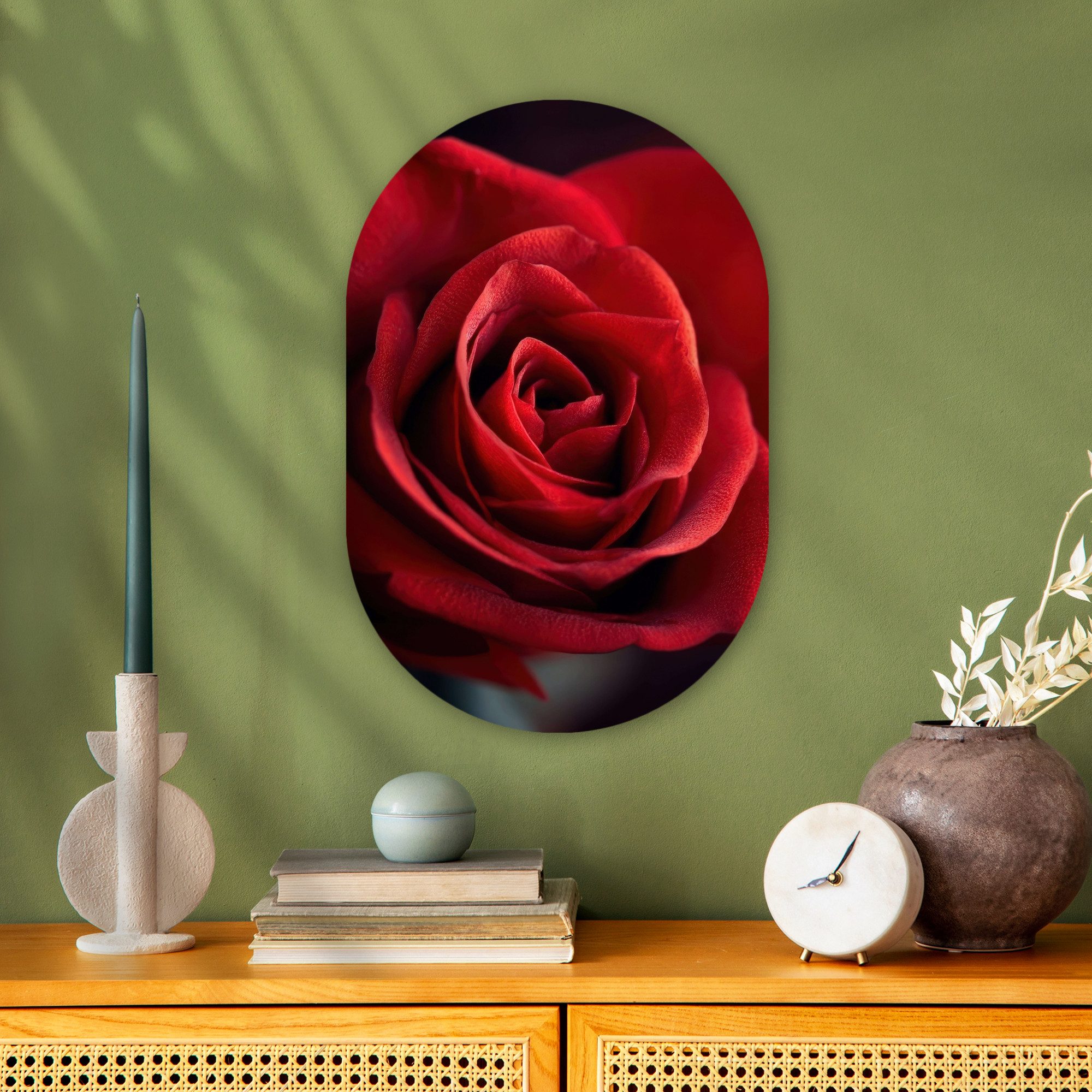 MuchoWow Gemälde Rot - Rose - Romantisch, Fotodruck (1 St), Wandbild Oval, Wohnzimmer oder Schlafzimmer Wanddekoration, 40x60 cm
